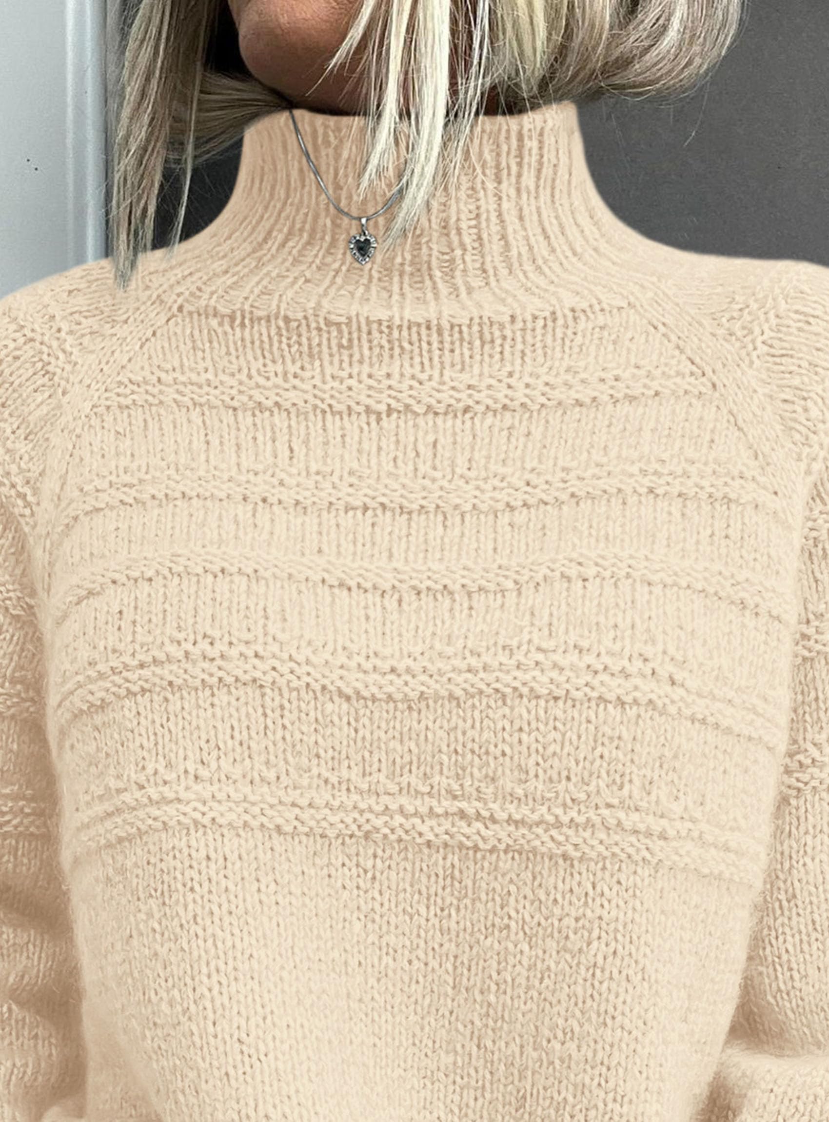 Women's Chunky Knit Mock Neck Pullover Sweaters,Beige,S