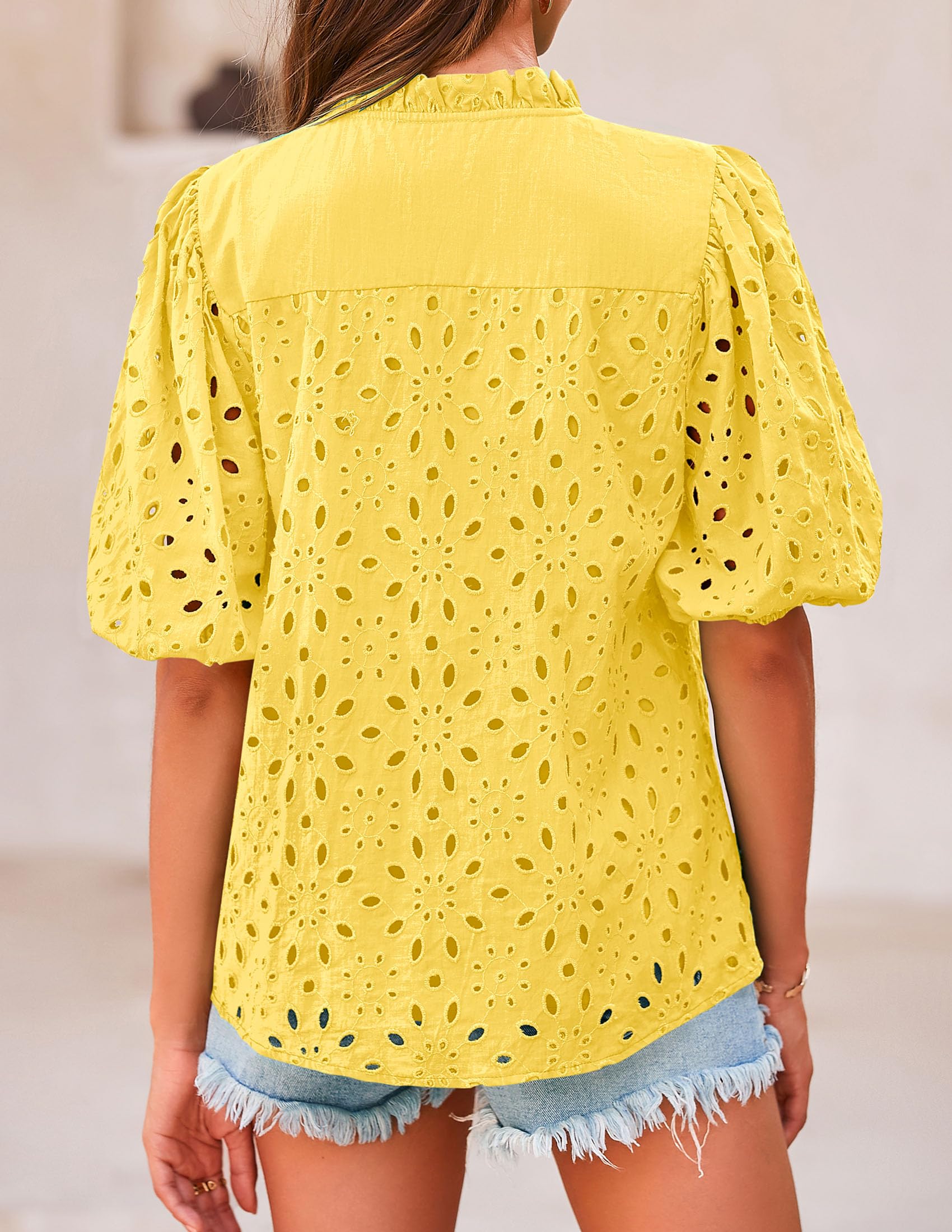 Womens Tops Boho Eyelet Puff Sleeve Blouse, Yellow,S