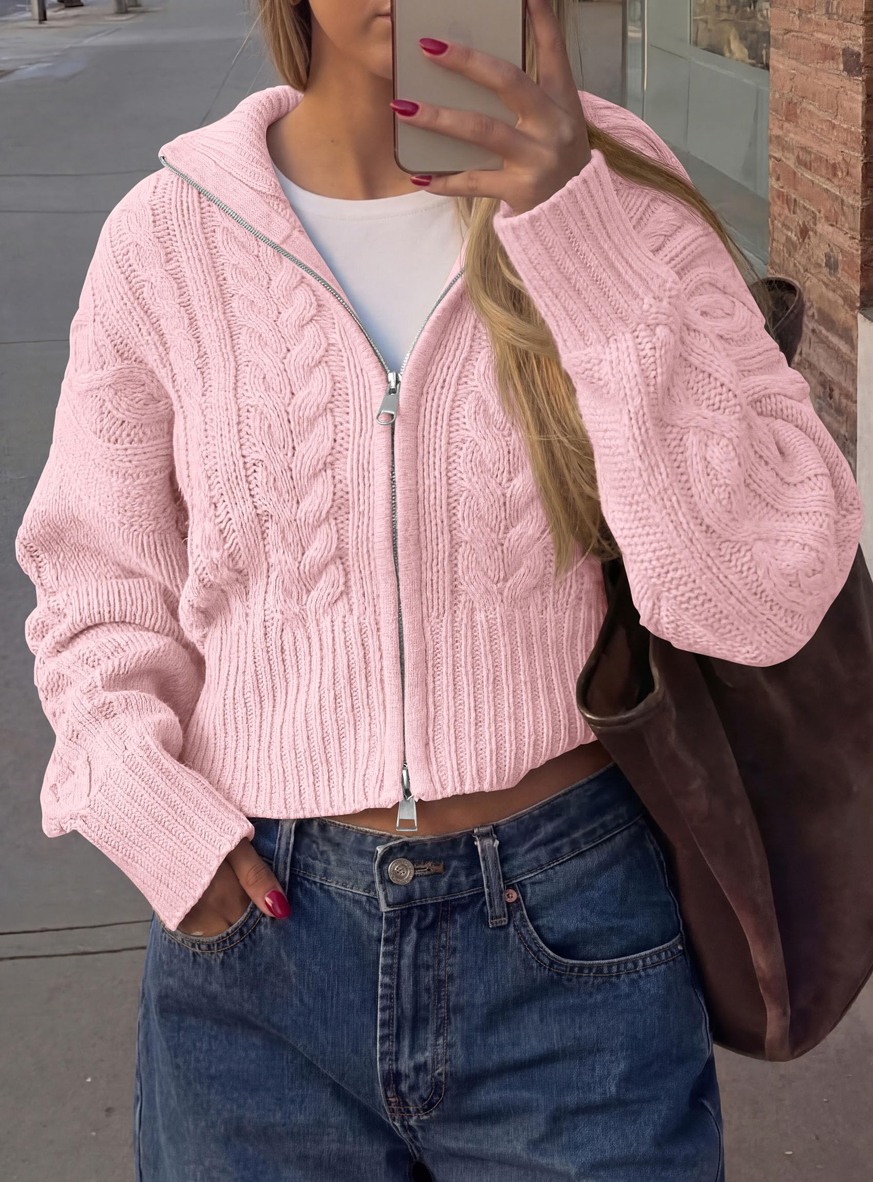 Women's Zip Up Cardigan Sweaters Cropped Jackets Fall Outfits