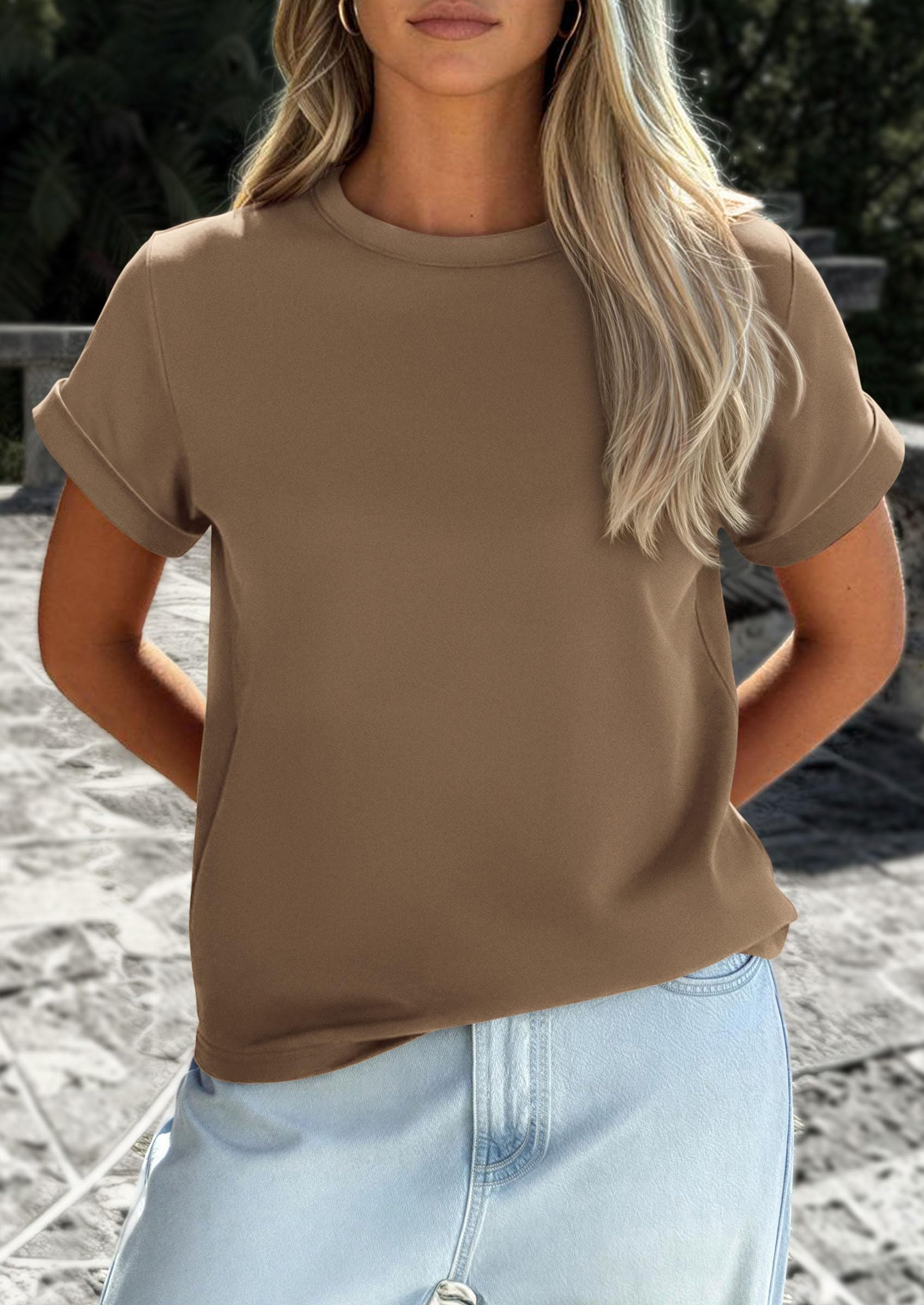 Womens Summer Tops Short Sleeve Shirts,Khaki,M