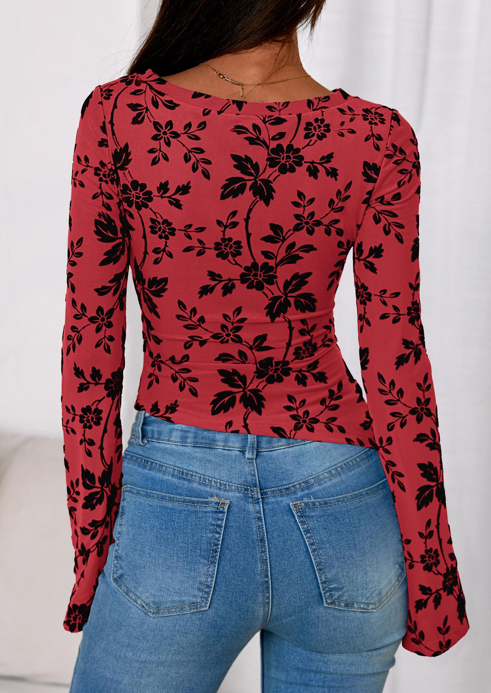 Women's Long Bell Sleeve Y2K Tops Boho Floral Mesh Blouses Red