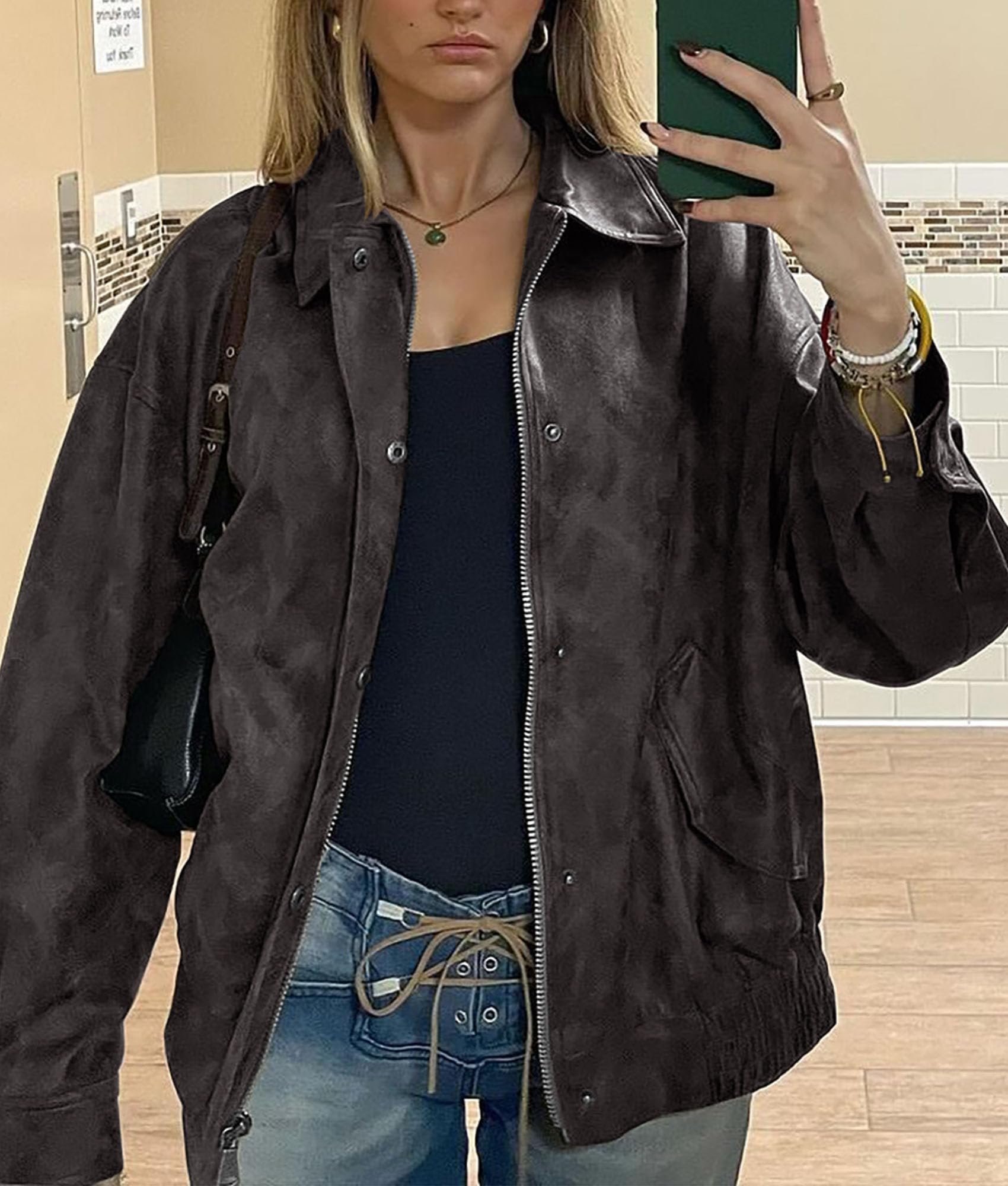 Women's Faux Leather Motorcycle Jackets Style2-Black Grey,S