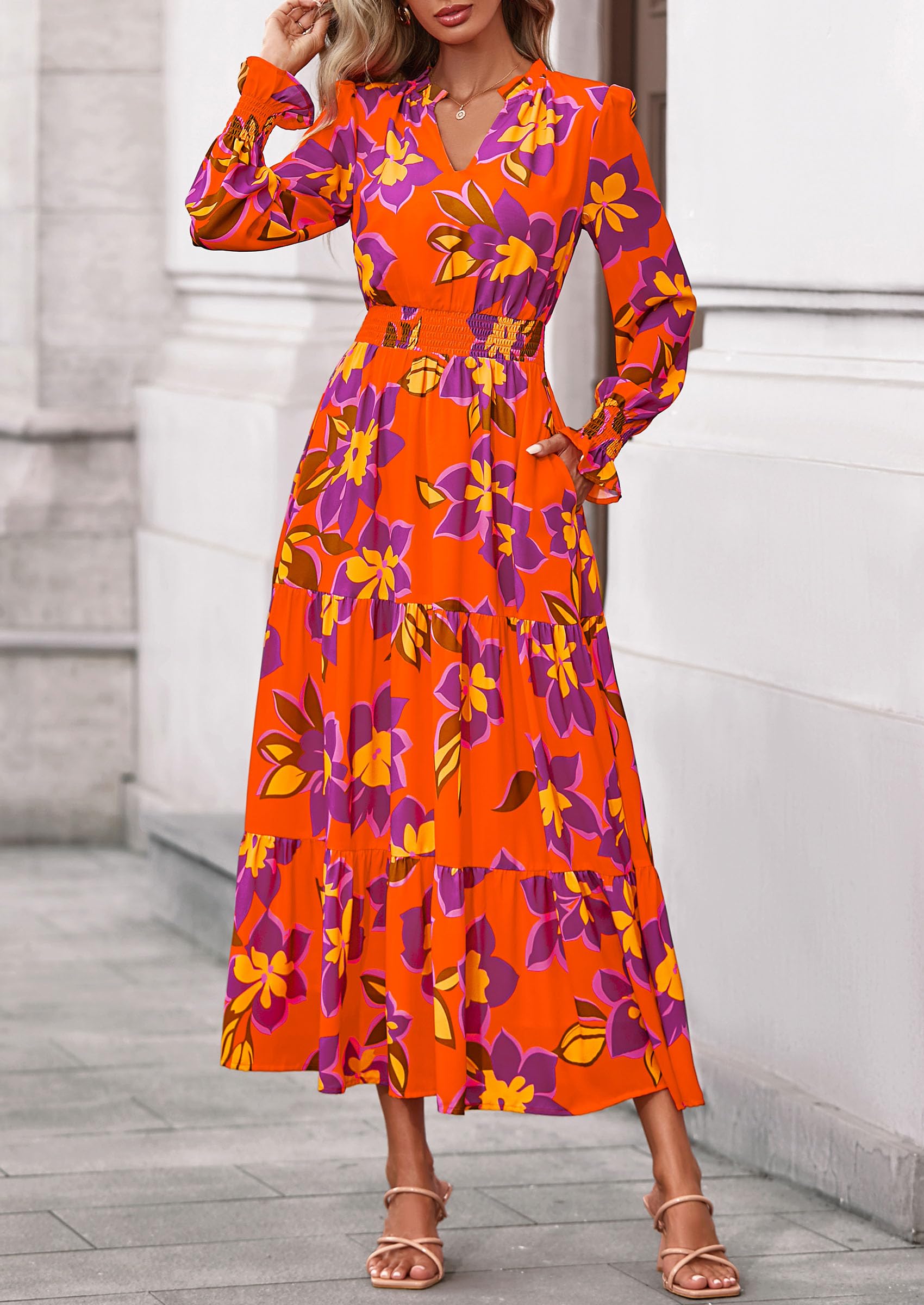Women's Floral Maxi Dress Fall A Line Wedding Guest Dresses