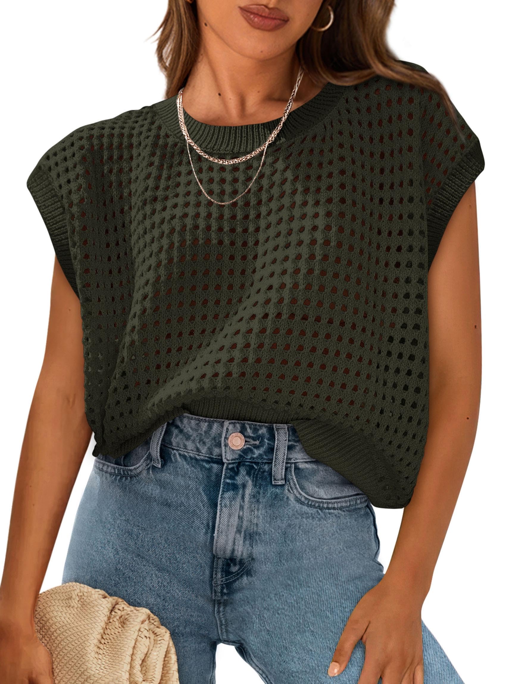 Women's Summer Crochet Cap Sleeve Sweater Tops,Army Green,S