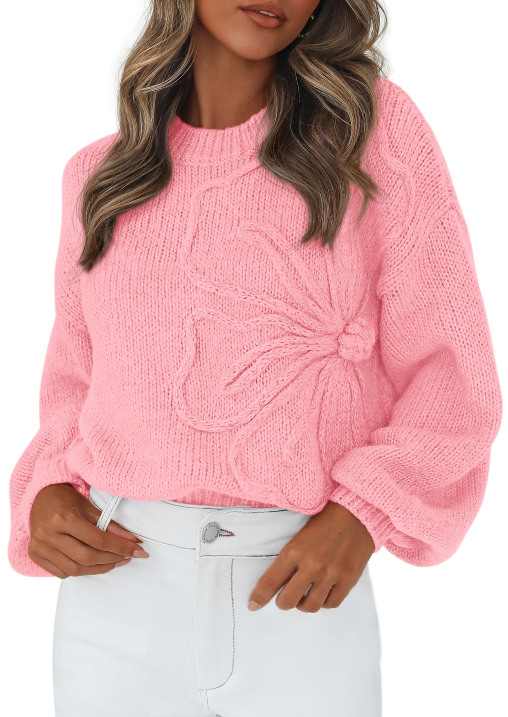 Women's Oversized 3D Floral Knit Sweater,Pink,S