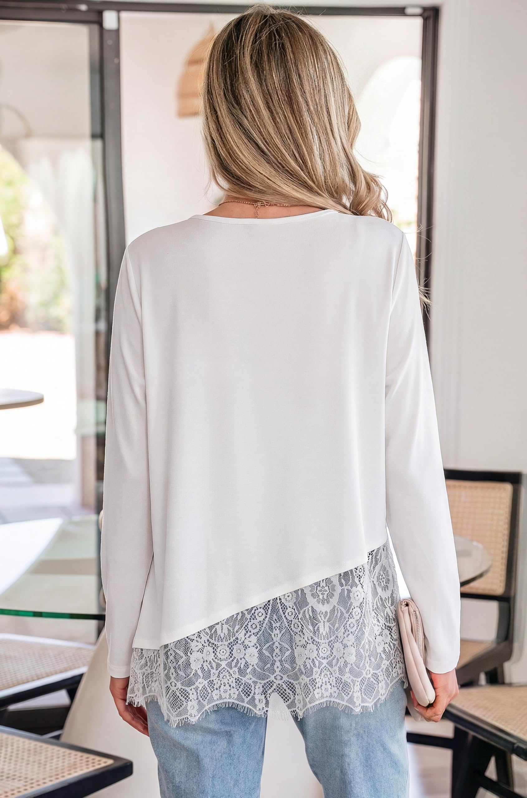 Women's Lace Patchwork Long Sleeve Shirts,White,S