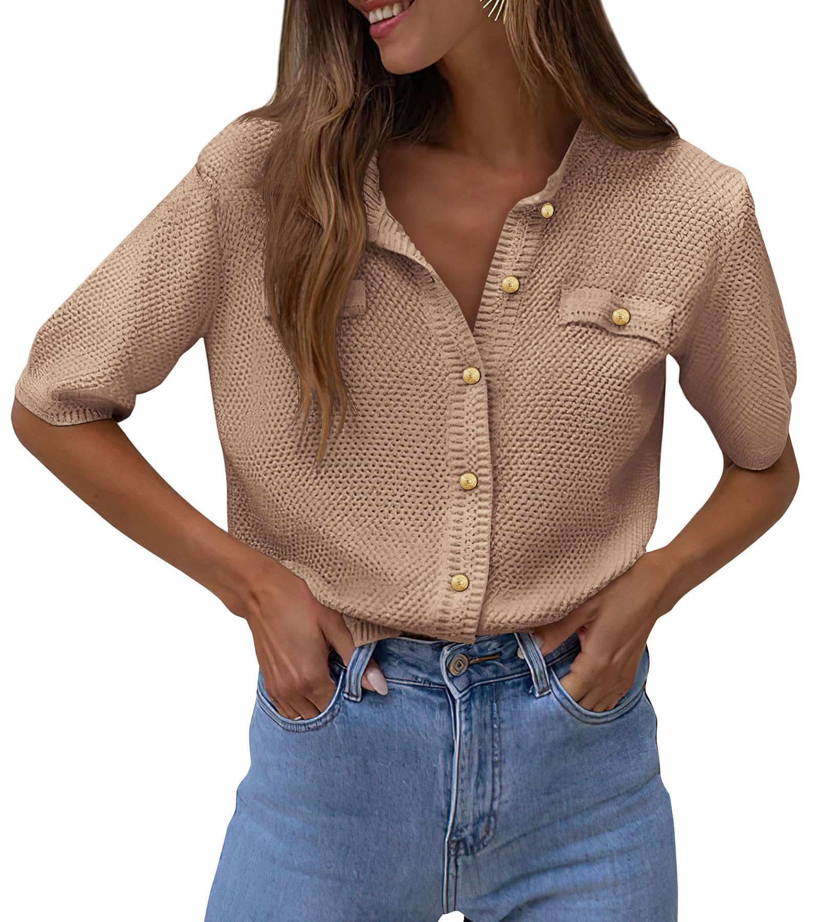 Women's Summer Casual Button Down Shirts Camel,Small