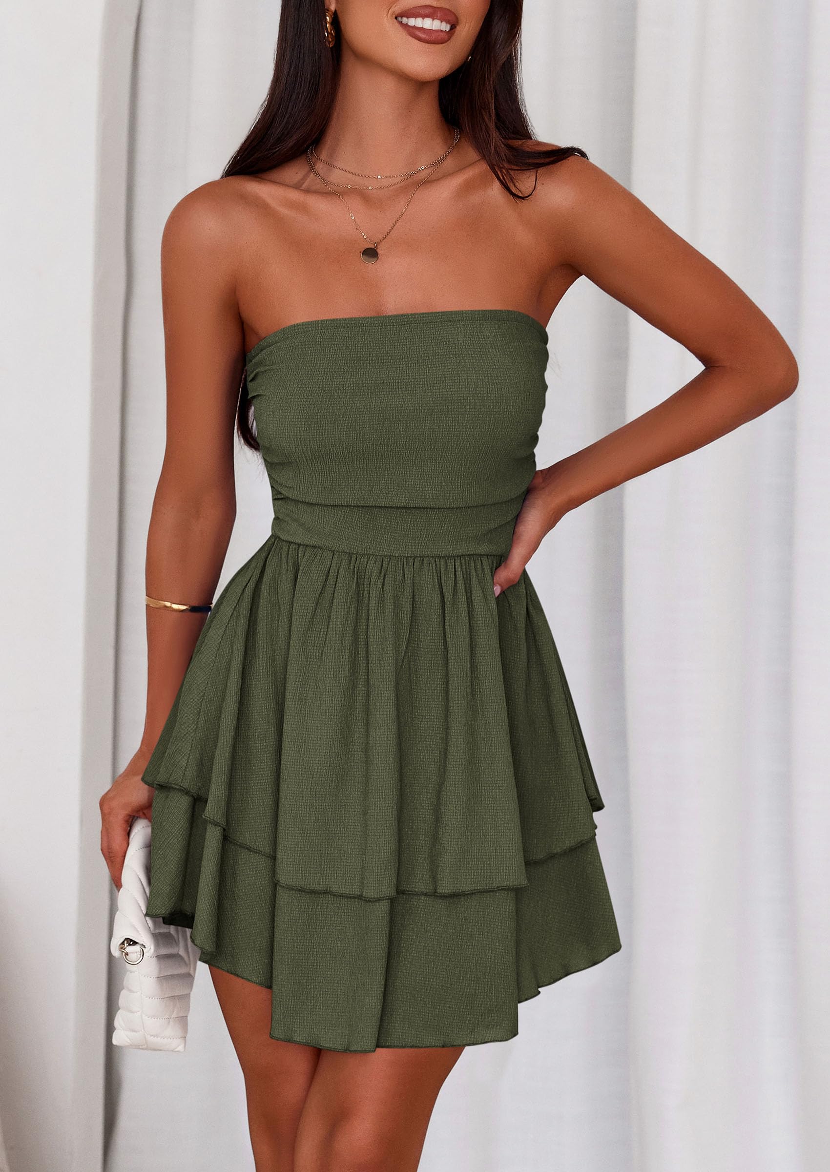 Women's Summer Strapless Flowy Mini Dresses (Army Green,S)