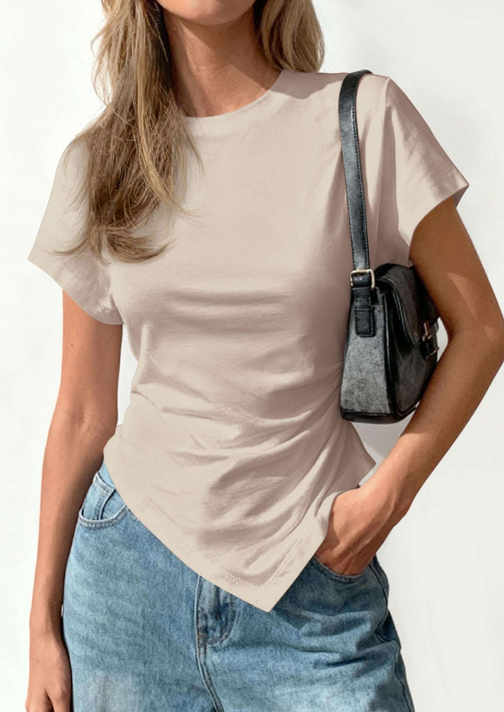 Womens Asymmetrical Summer Short Sleeve Tops,Light Khaki,XS