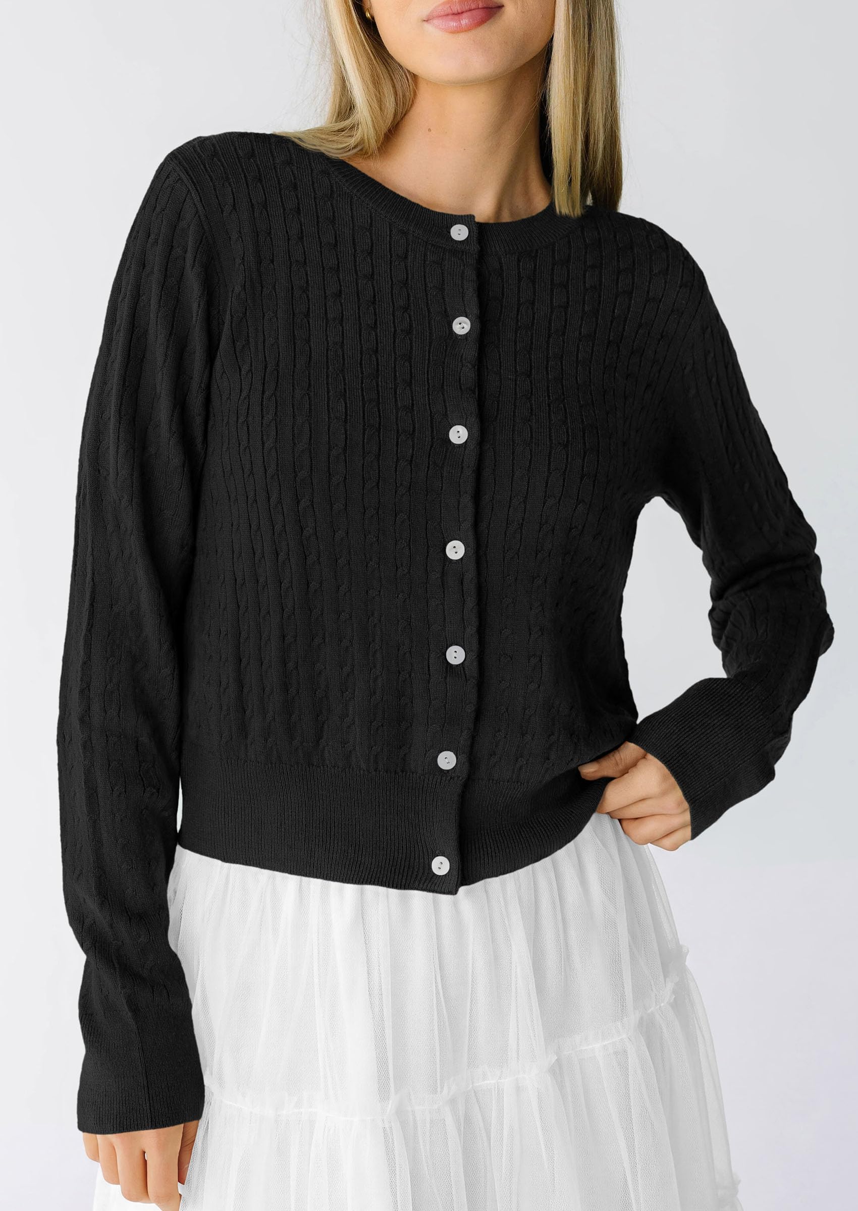 Women Fall Lightweight Cardigans Button Up Cable Knit Sweaters