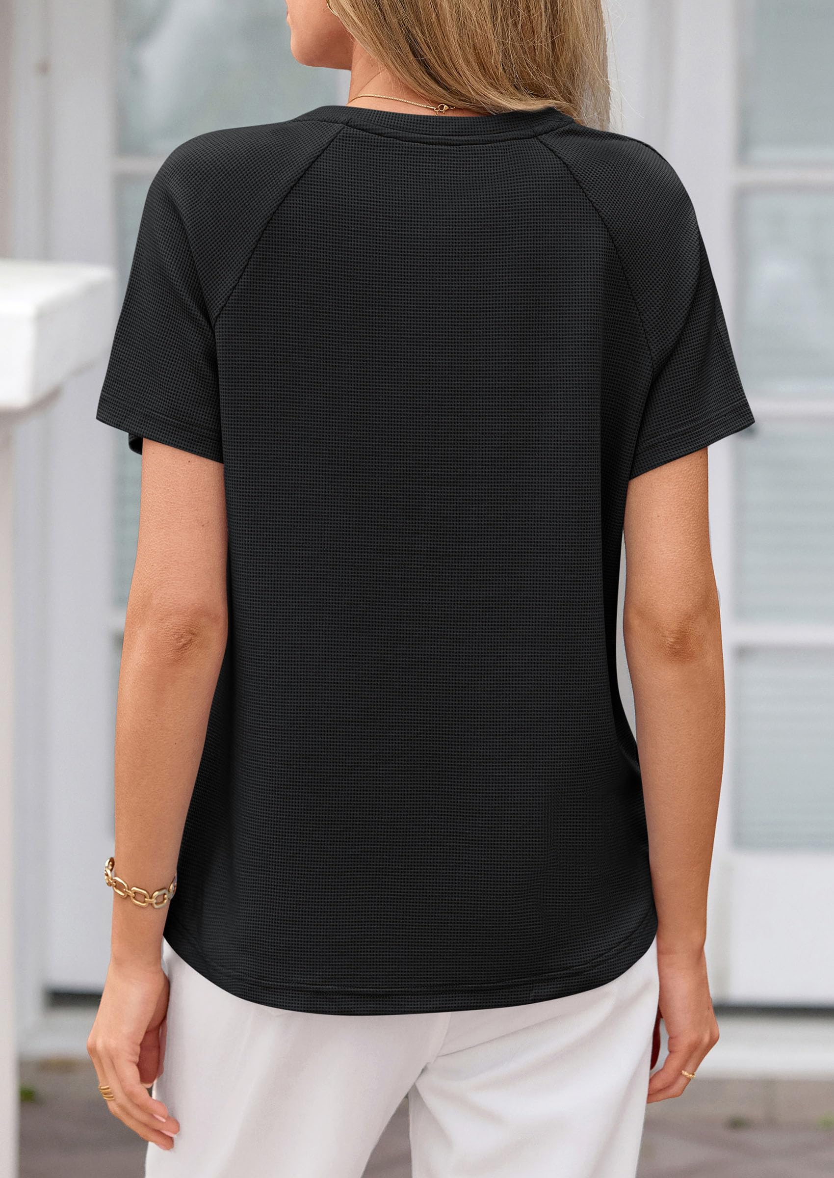 Women's Short Sleeve Waffle Knit Henley Shirts, Black,S