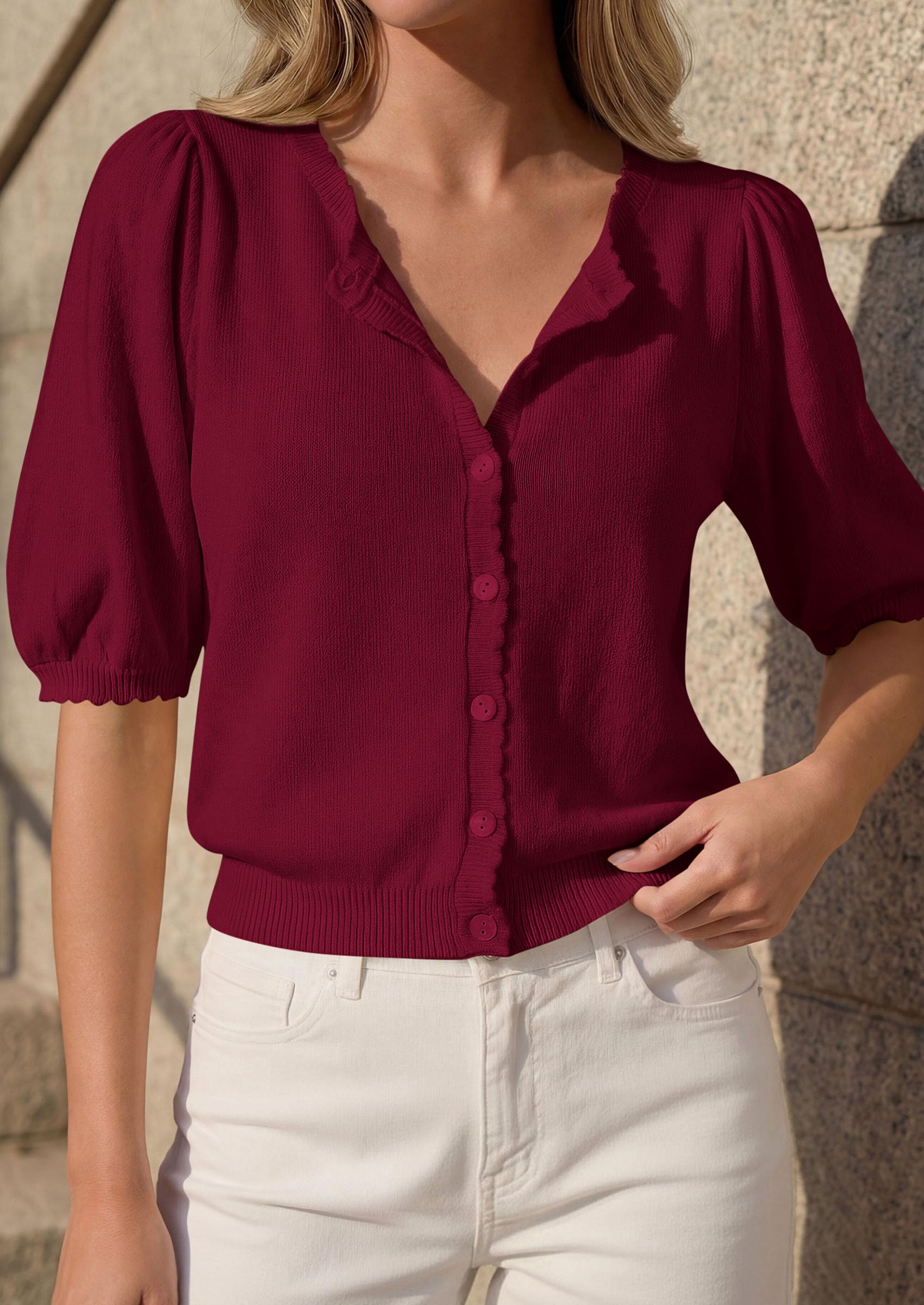 Women Short Sleeve Lightweight Knit Cardigans, Burgundy,S