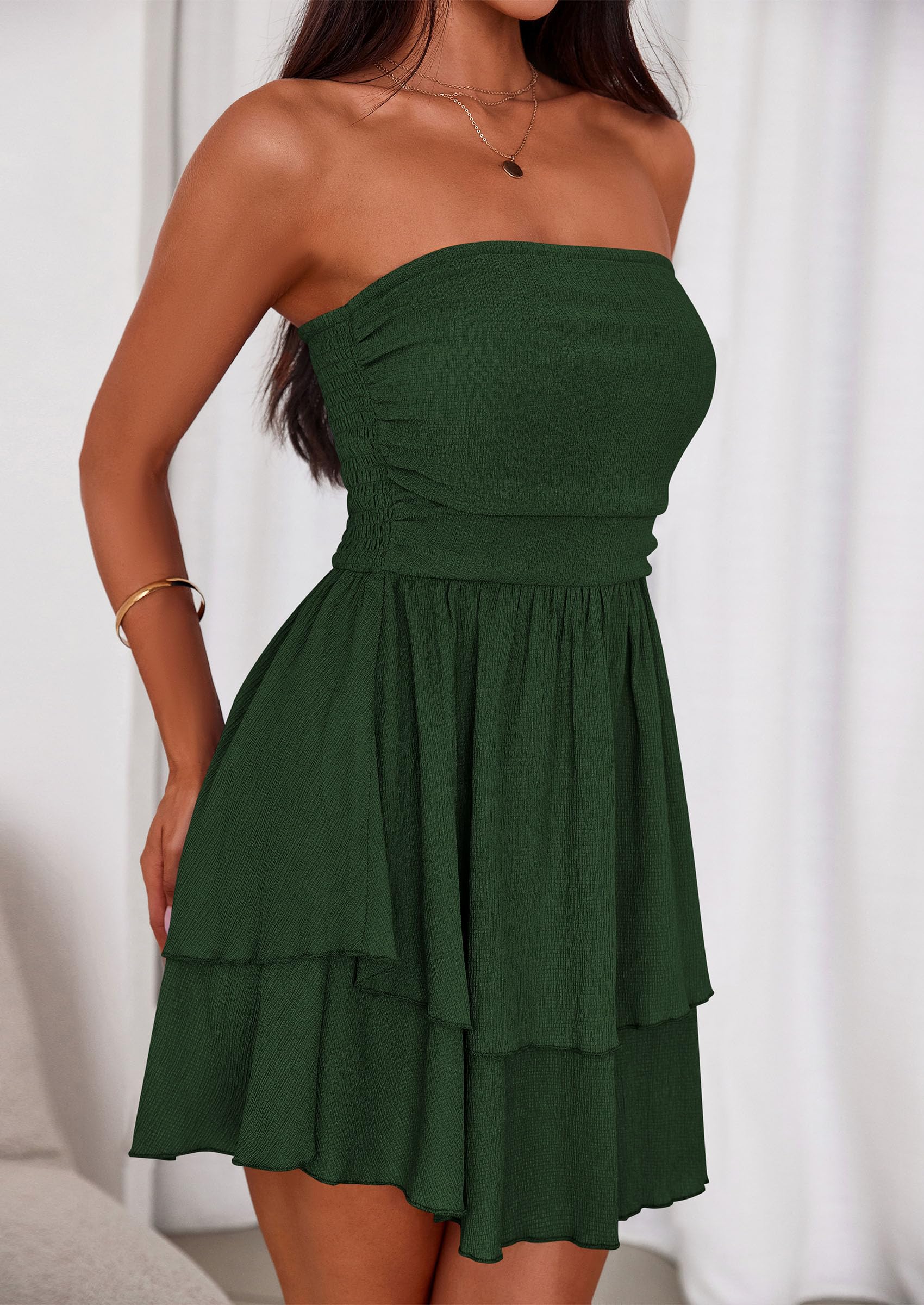 Women's Summer Strapless Flowy Mini Dresses (Dark Green,S)