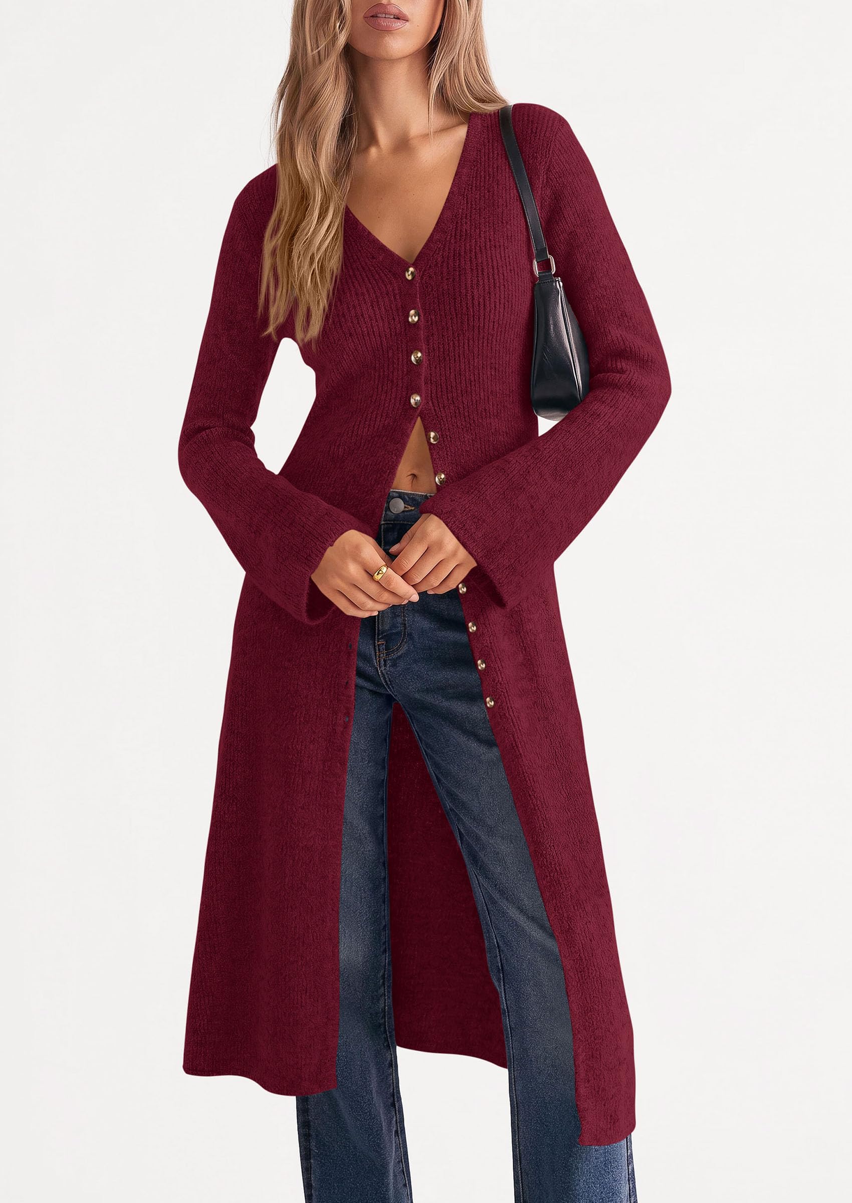 Women Long Cardigan Bell Sleeve Sweater Dress (Wine Red,S)