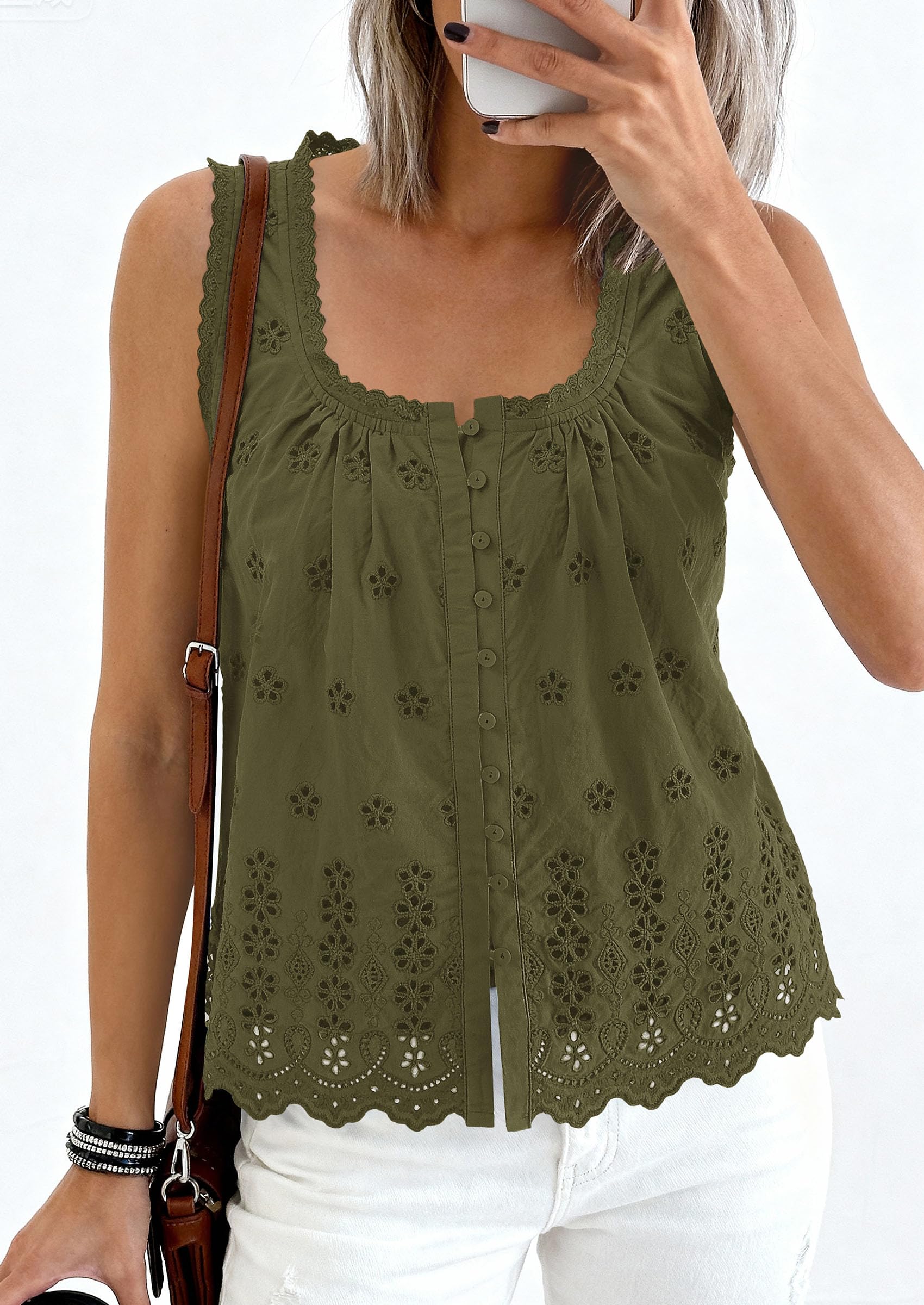 Women's Lace Tank Top Embroidery Eyelet Blouses,Army Green,S