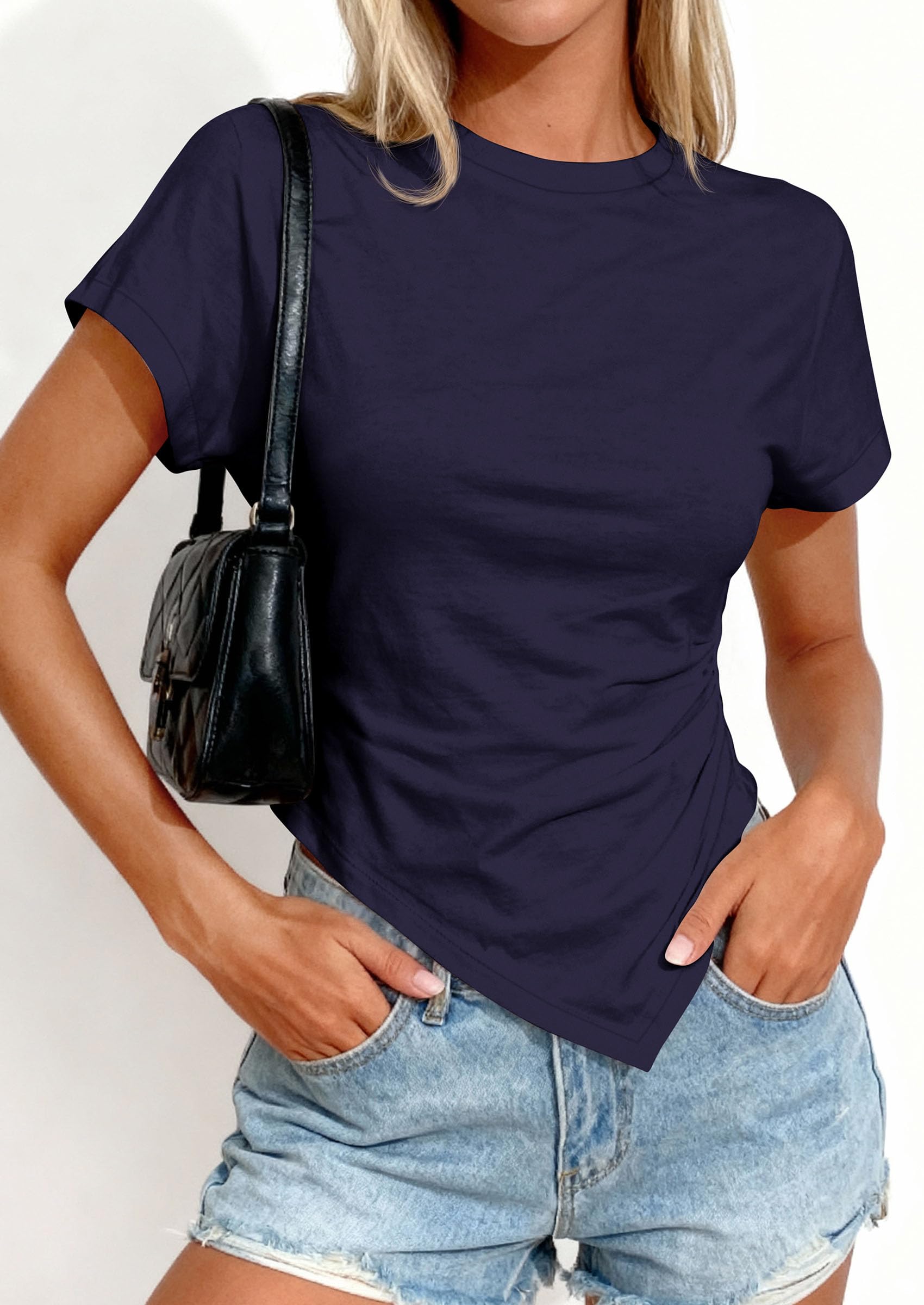 Womens Asymmetrical Summer Short Sleeve Tops,Navy,XS