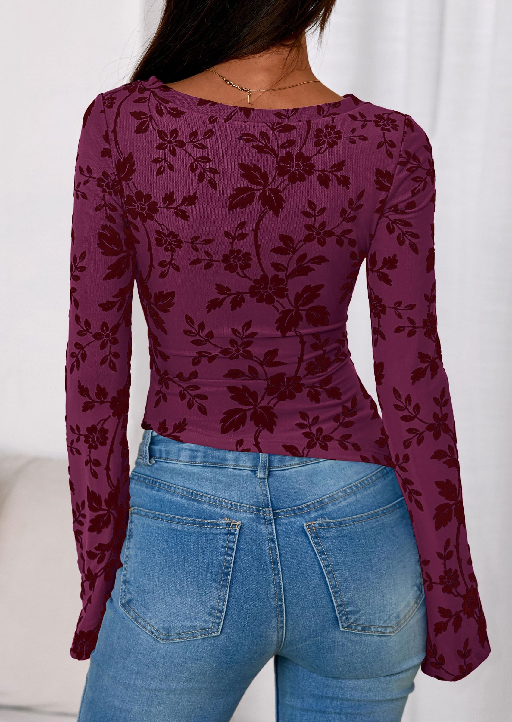 Women's Long Bell Sleeve Y2K Tops Boho Floral Mesh Blouses