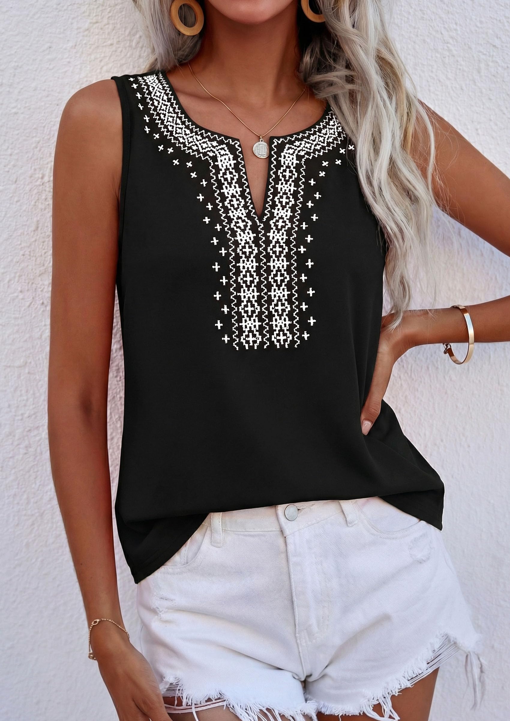 Womens Embroidered Sleeveless Tank Tops Black,S
