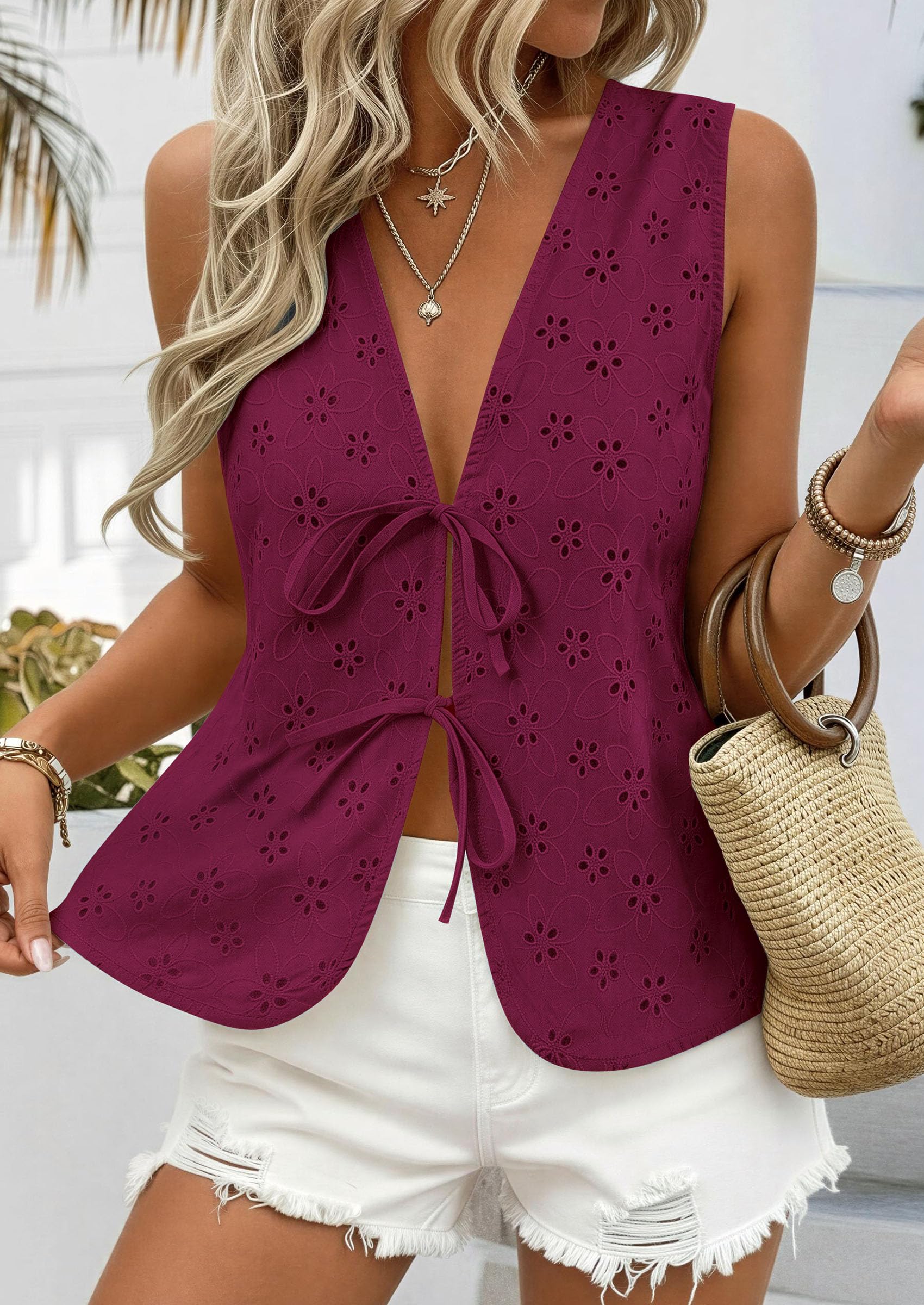 Women's Summer Eyelet Lace Tie Front Vest Tops (Burgundy,S)