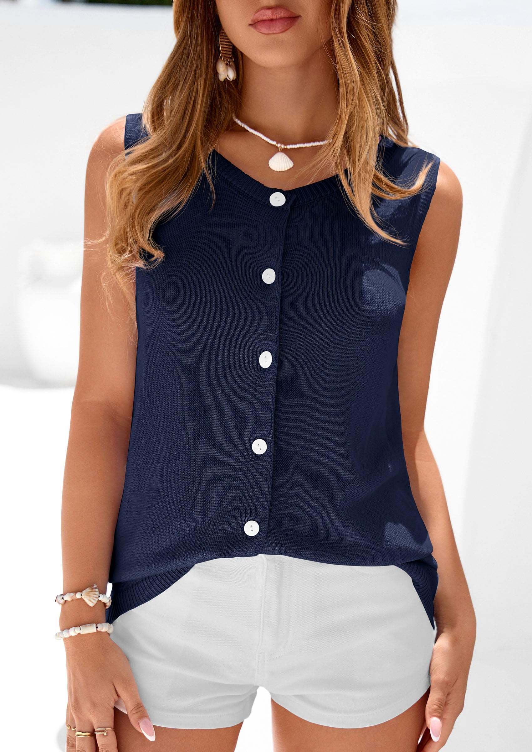 Women's Summer Button Up Sweater Vest Tops,Navy Blue,S