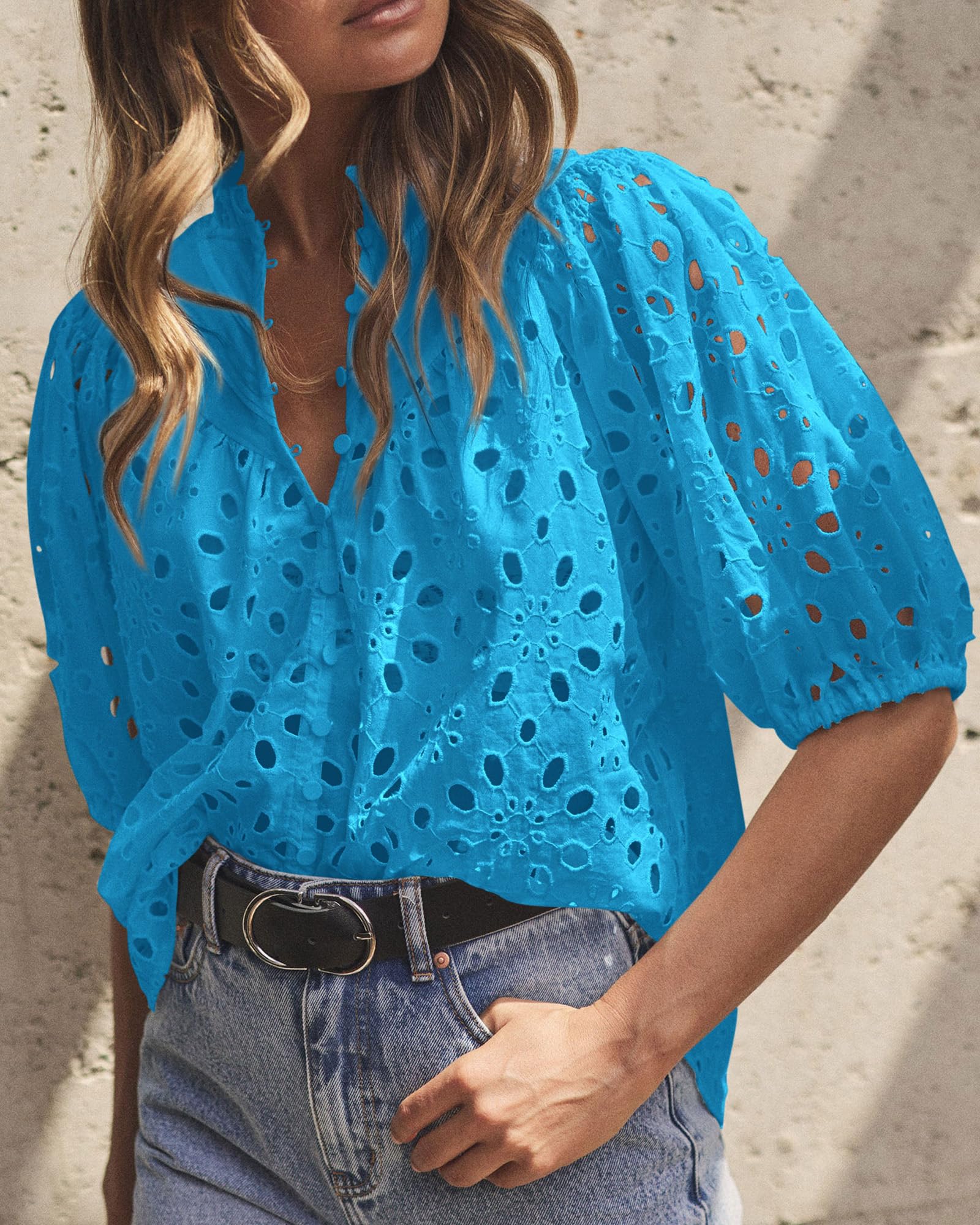 Womens Tops Boho Eyelet Puff Sleeve Blouse, Lake Blue,S