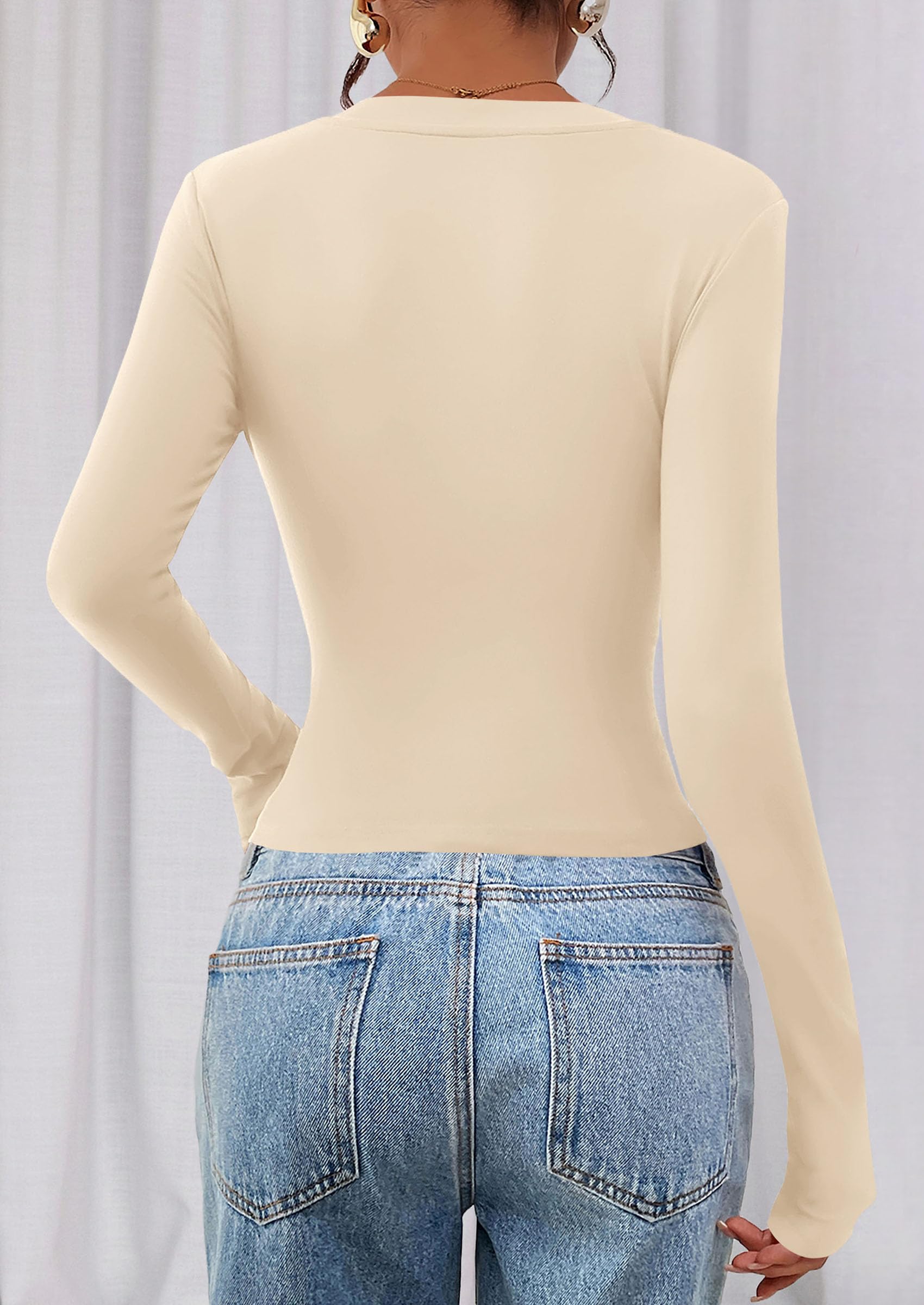 Womens Long Sleeve Slim Fit Crop Tops,Beige,XS