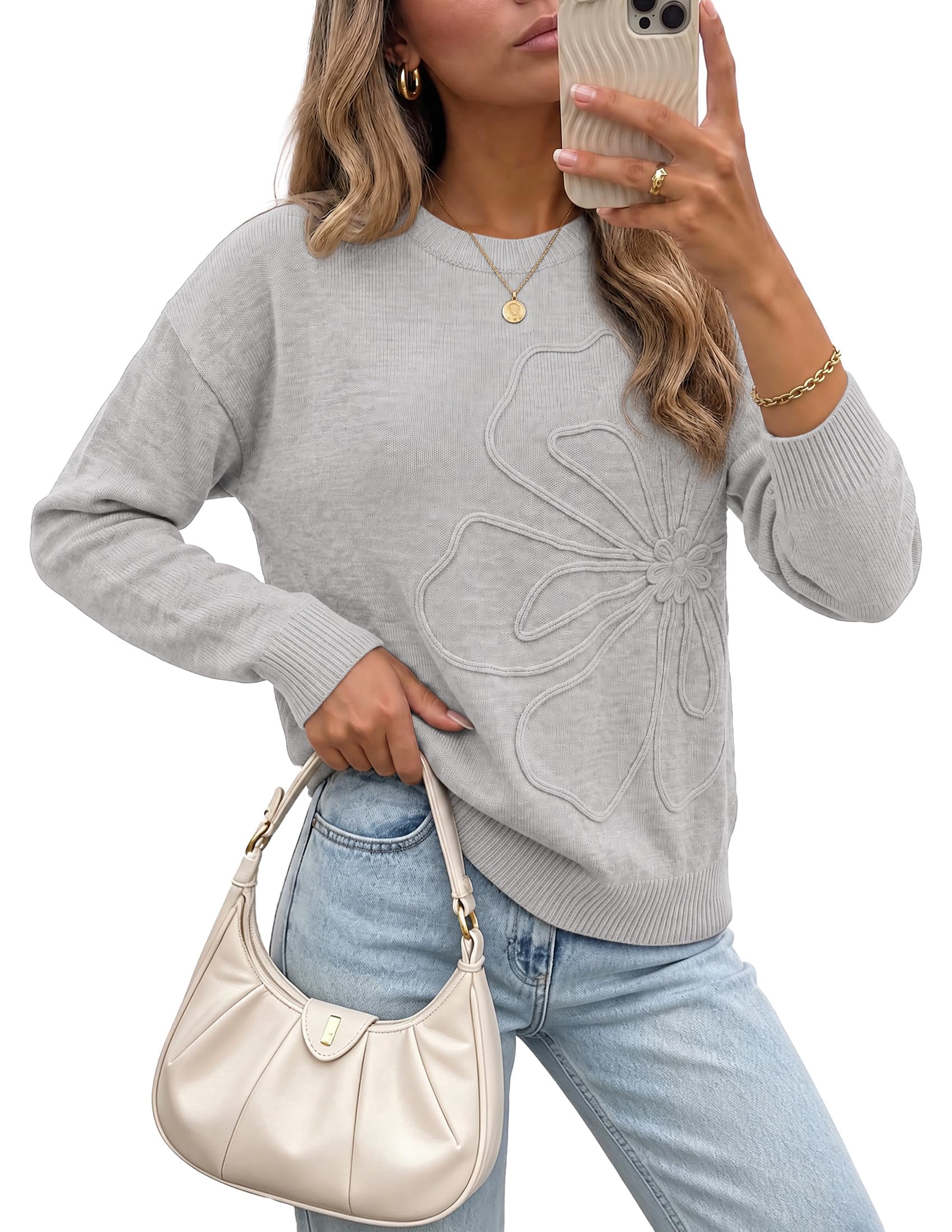 Sweaters for Women Fall Fashion Embroidered Floral Knit Tops