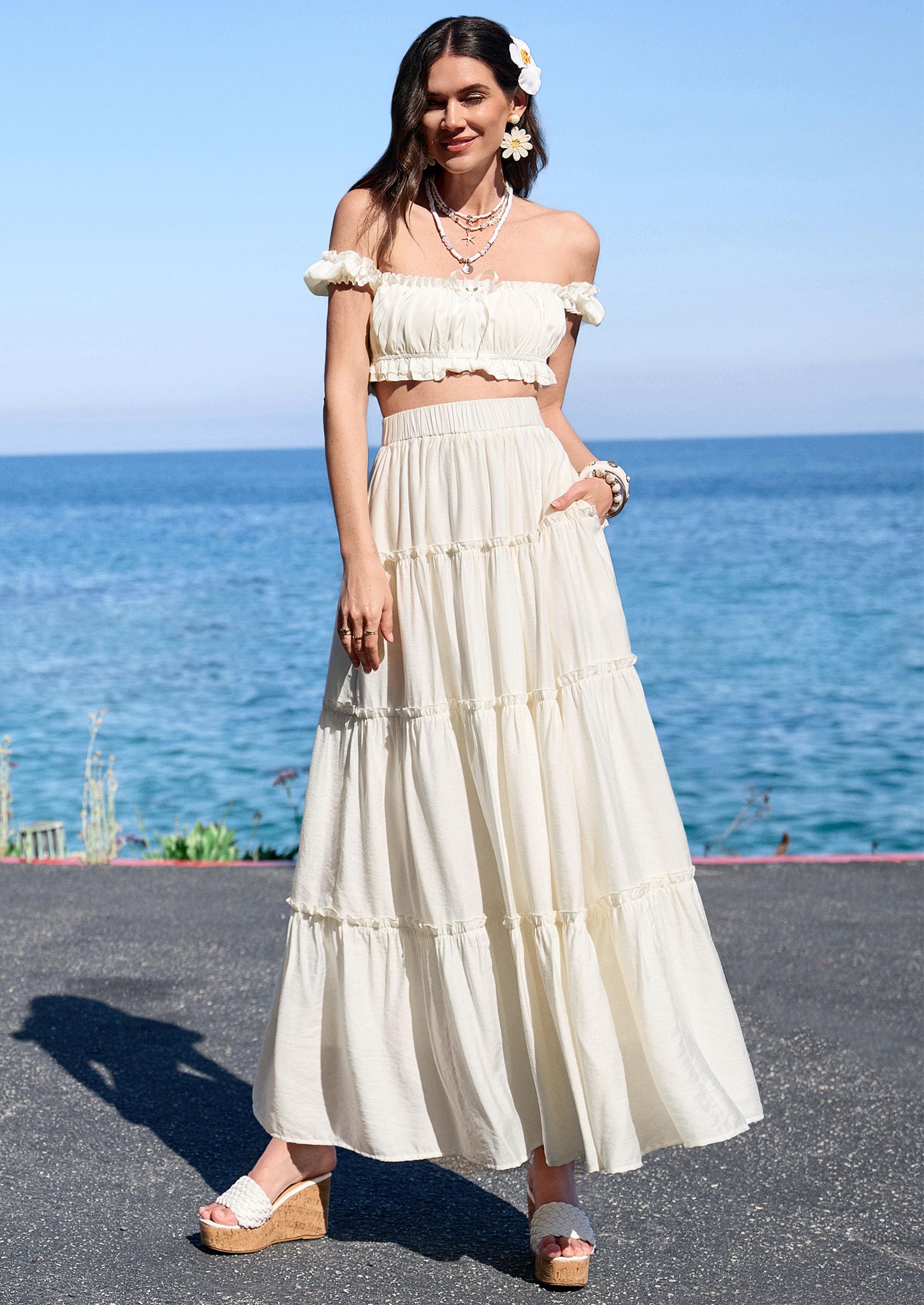 Women's Boho Tiered Ruffle Flowy Maxi Skirt, Beige,S