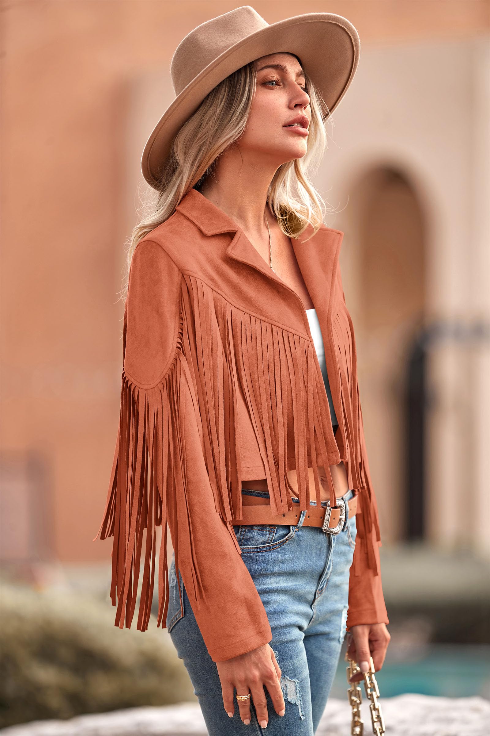 Women's Fringe Faux Suede Leather Jackets,Orange,XL
