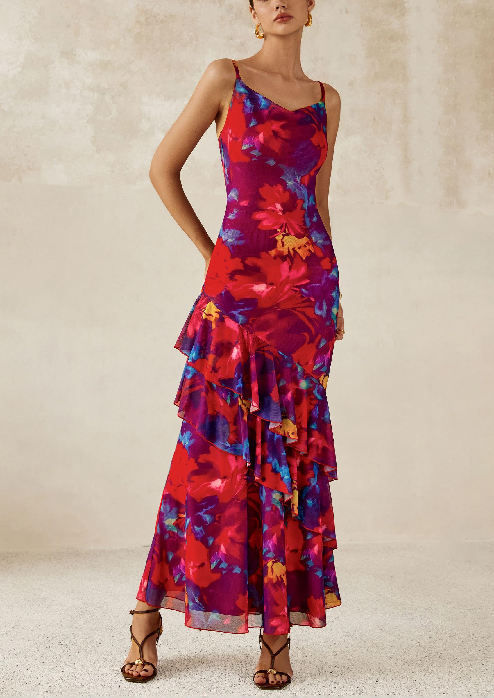 Women's Boho Floral Tiered Maxi Dress, Navy Red Big Floral,XS