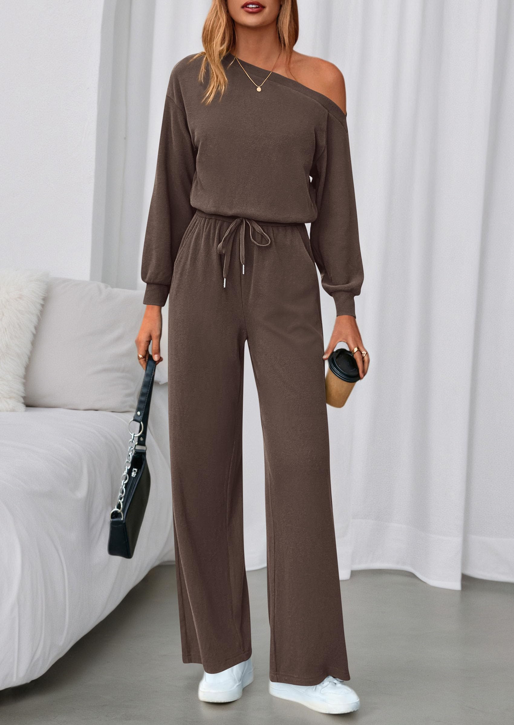 Womens Off Shoulder Long Sleeve Jumpsuit,Brown,S