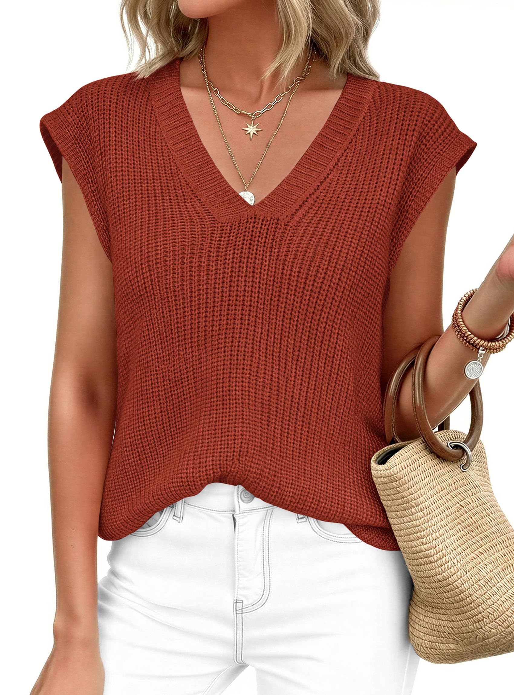 Women's Cap Sleeve Sweaters Vest Summer Tops (Rust Red,S)