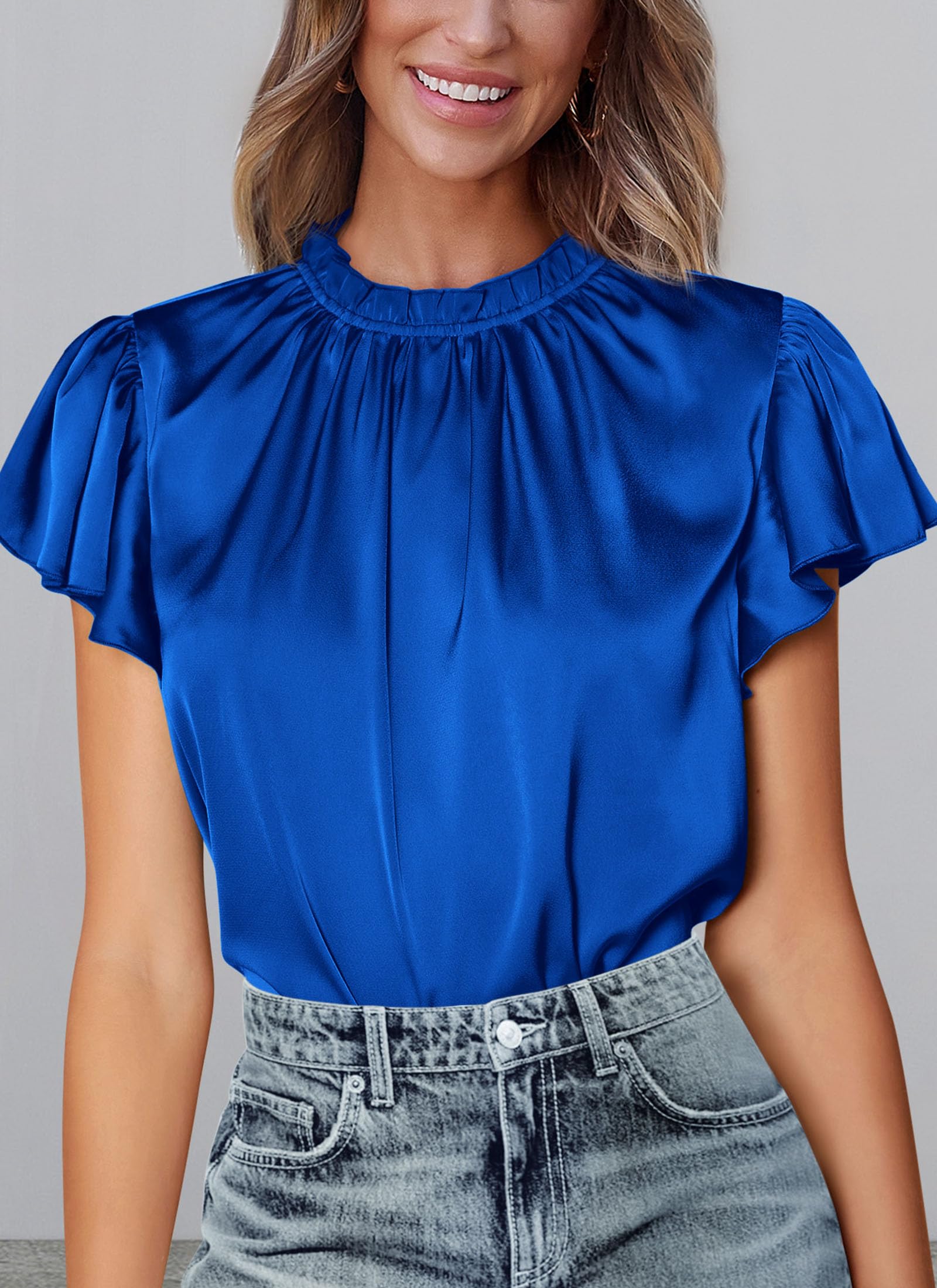Women's Satin Tops Business Casual Work Blouses, Royal Blue,S