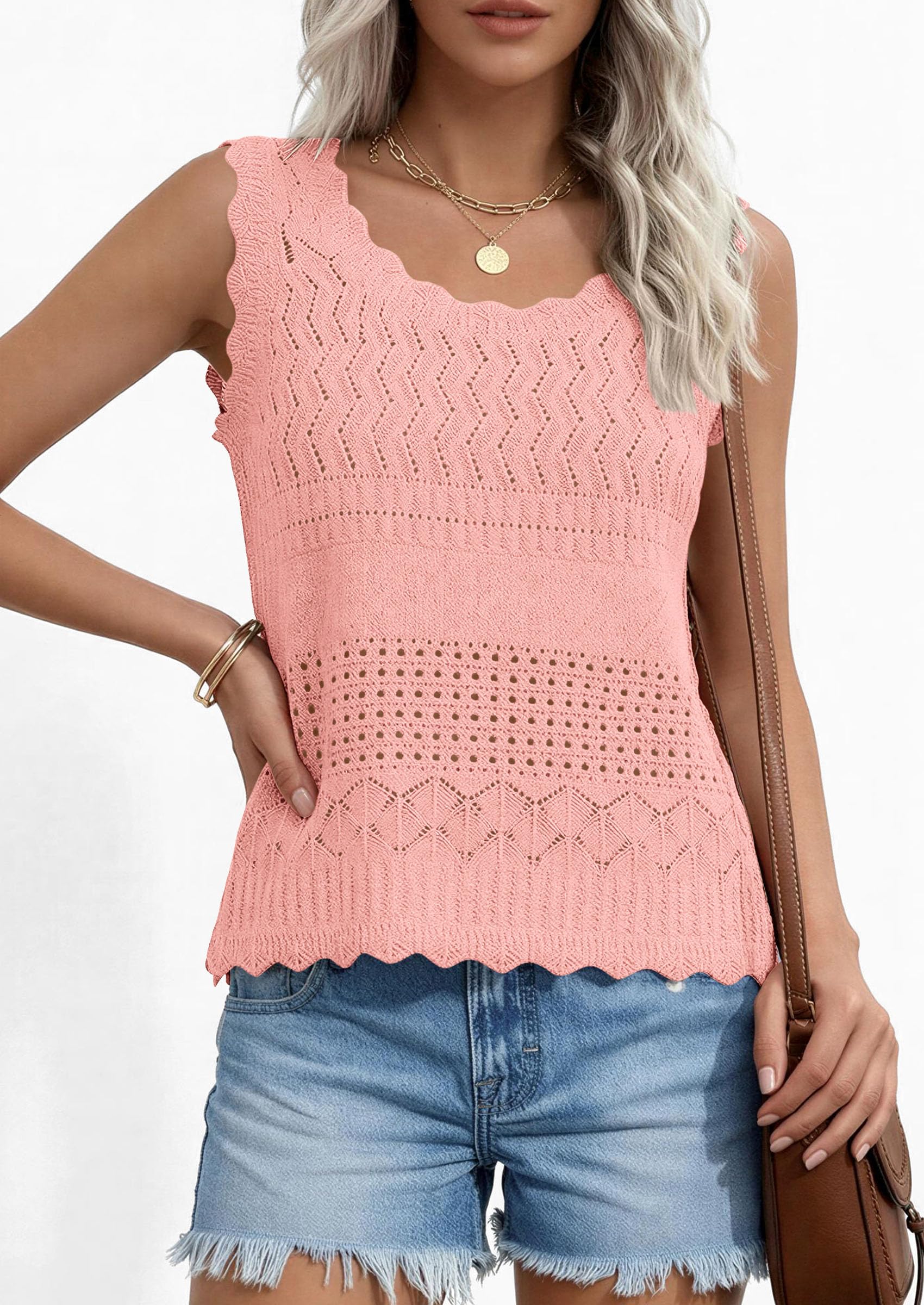 Womens Crochet Tank Tops Knit Sleeveless Vest,Pink,S