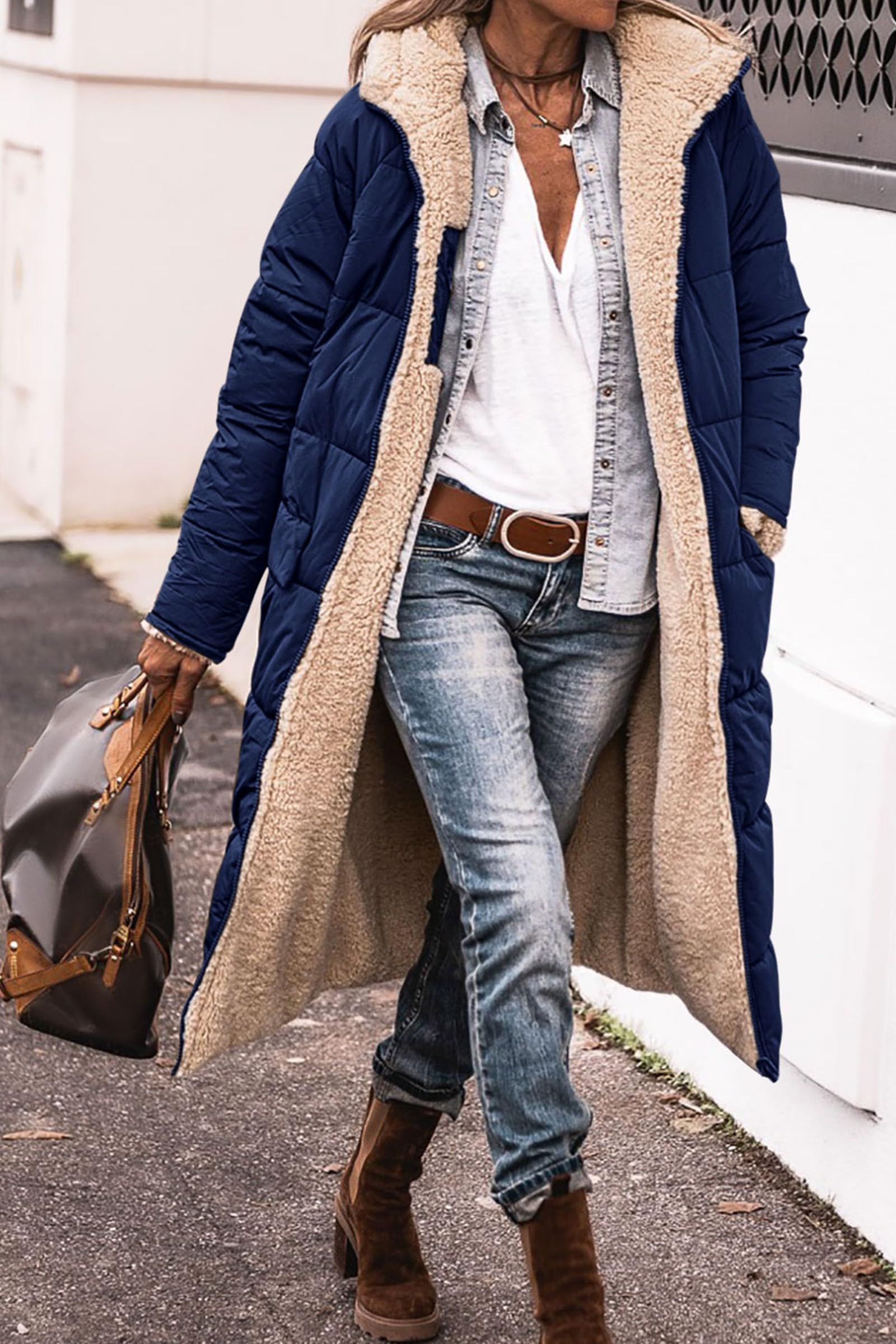 Women's Winter Fleece Warm Long Coats(Navy,Small)