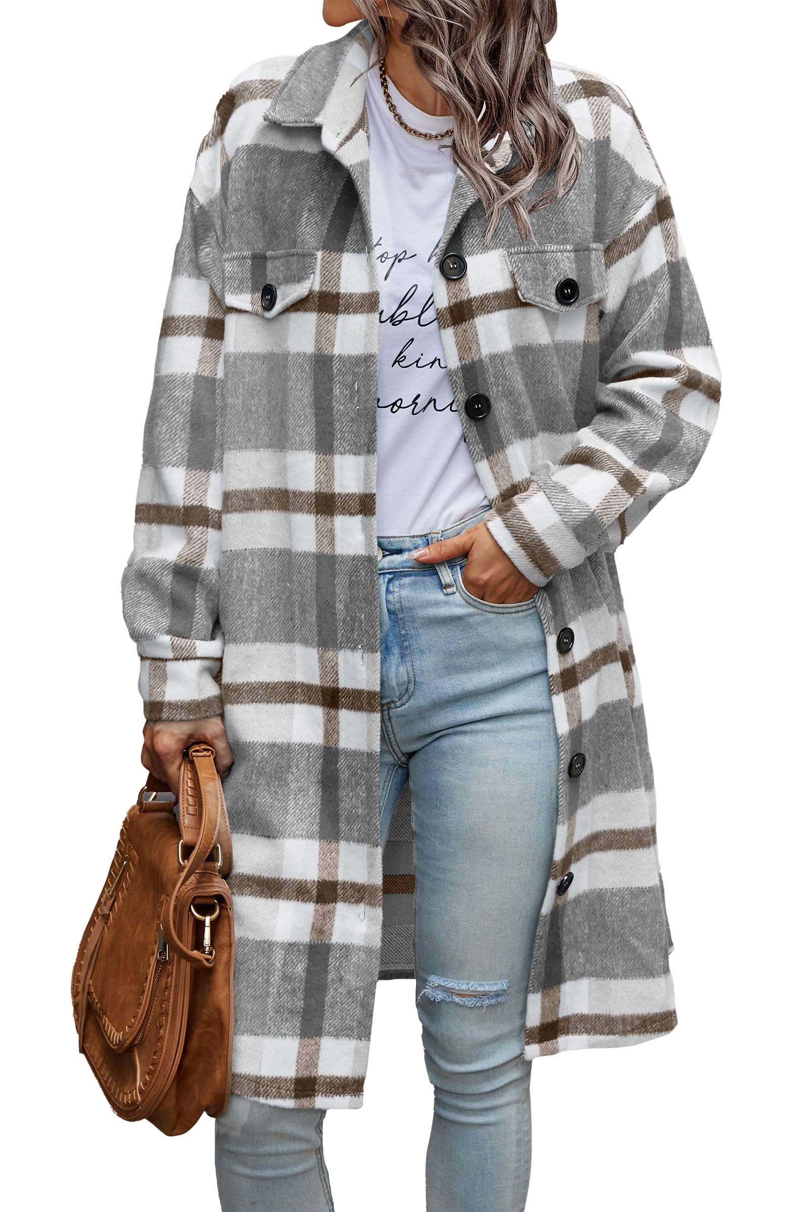 Womens Plaid Shacket Jacket Flannel Shirts,Plaid Grey,S