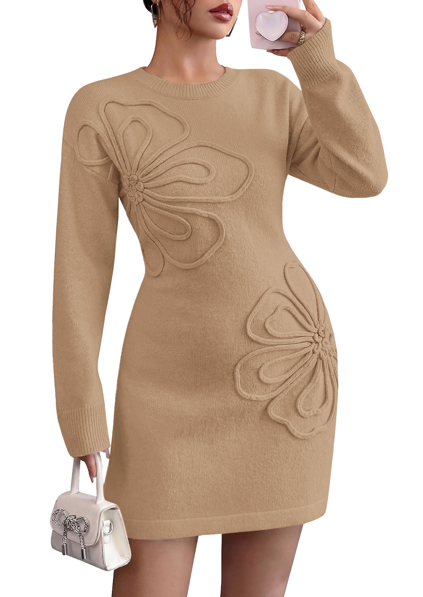 Women's Embroidered Long Sleeve Bodycon Mini Sweater Dress