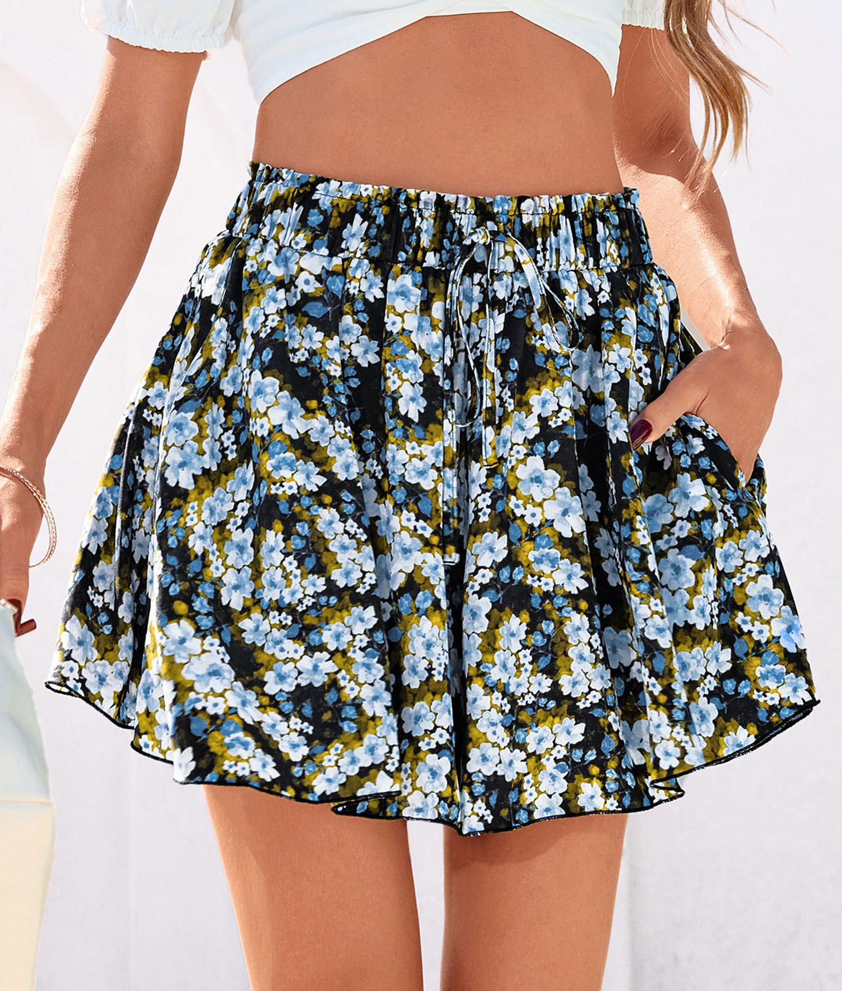 Women's Summer Wide Leg Flowy Shorts,Print Blue Yellow,M