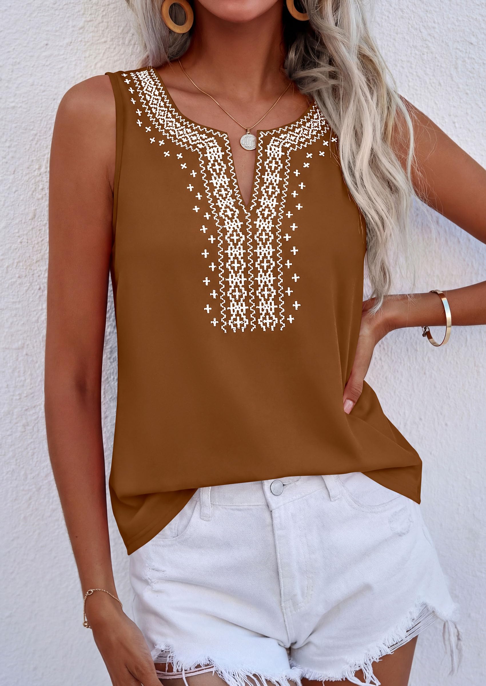Womens Embroidered Sleeveless Tank Tops Khaki,S