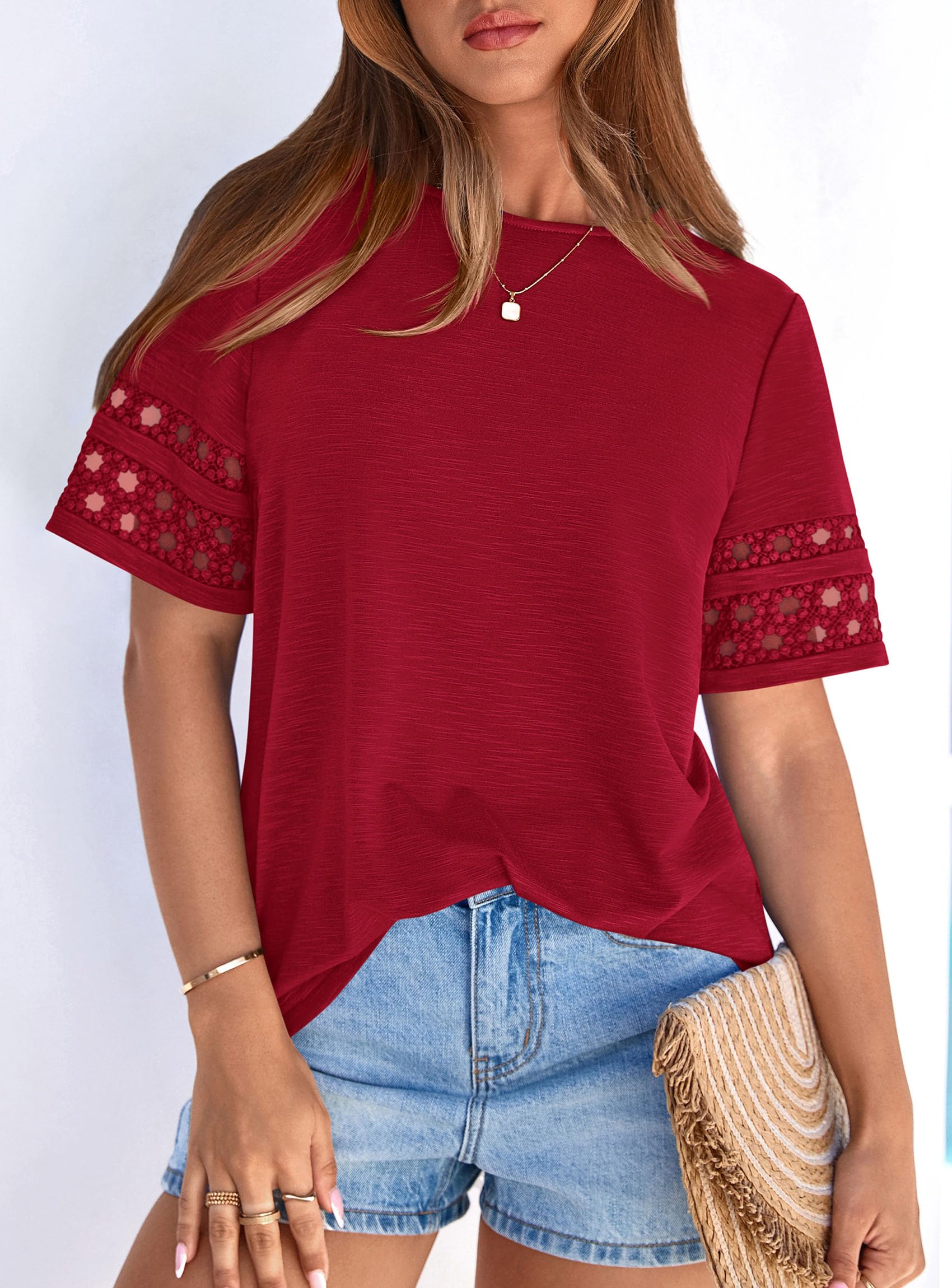 Women's Summer Short Sleeve Lace Trim T-Shirts,Red,S