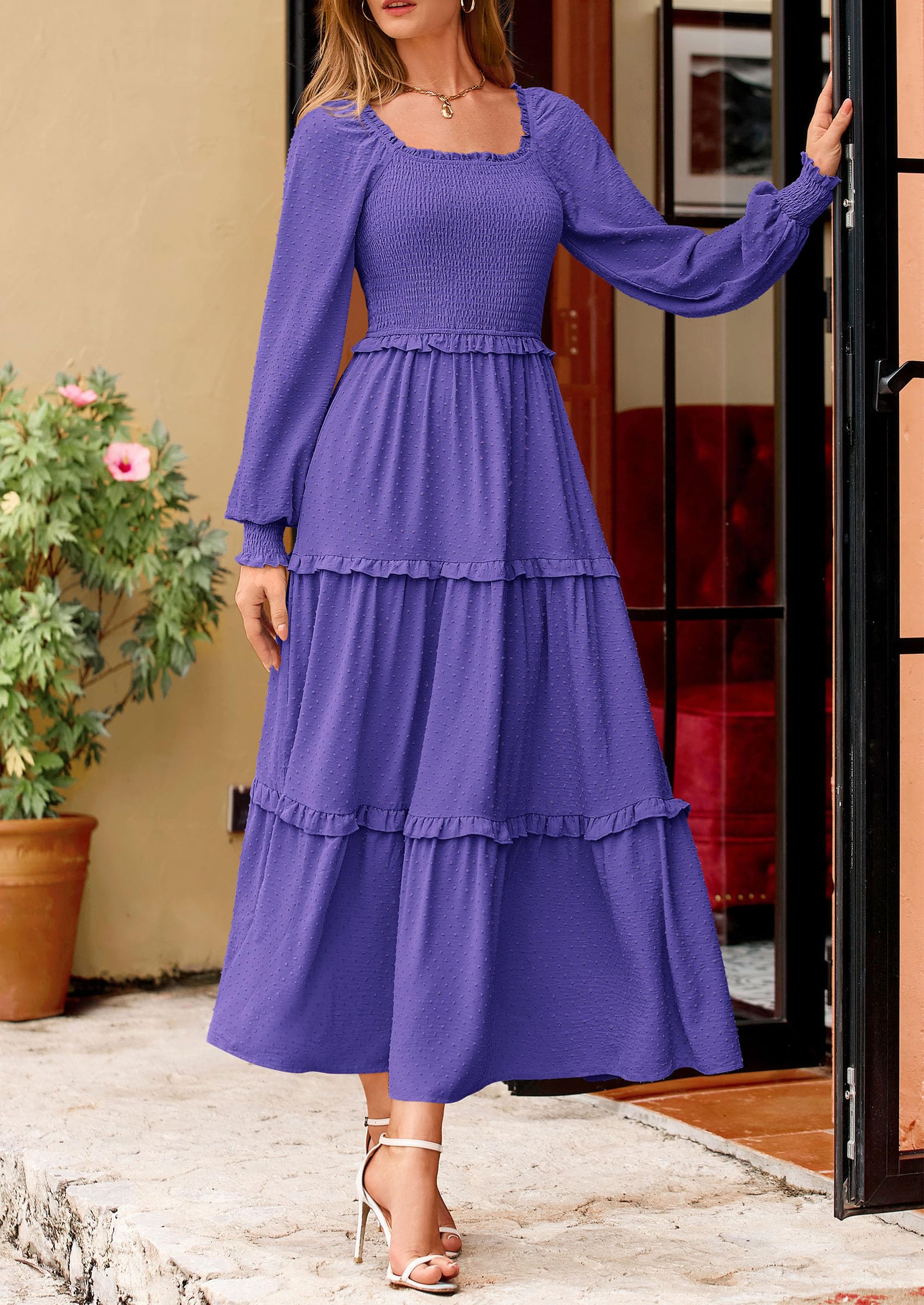 Women's Smocked Long Sleeve Maxi Dress Wedding Guest Dresses