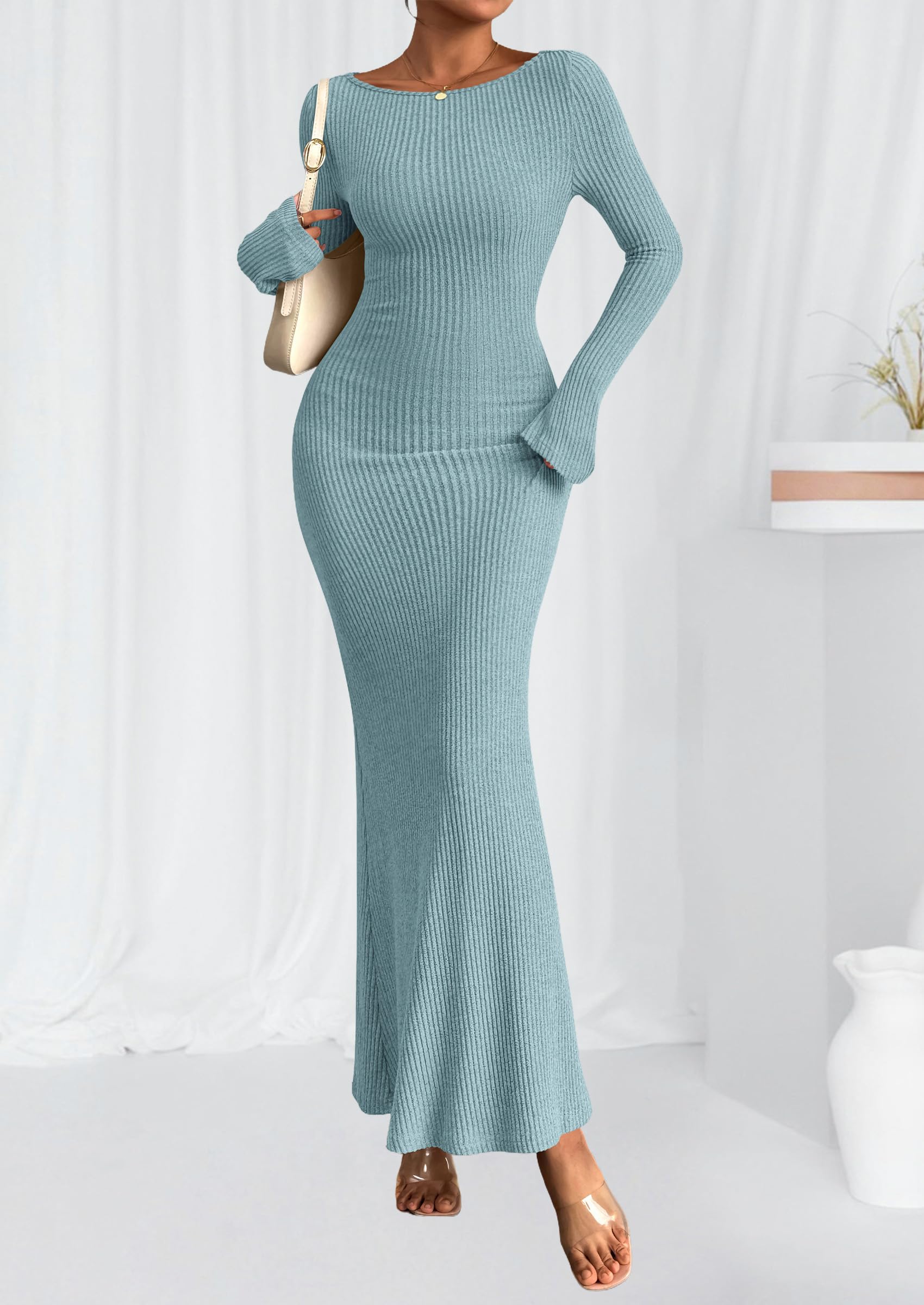 Women's Fall Long Sleeve Bodycon Maxi Dresses (Light Blue,XS)