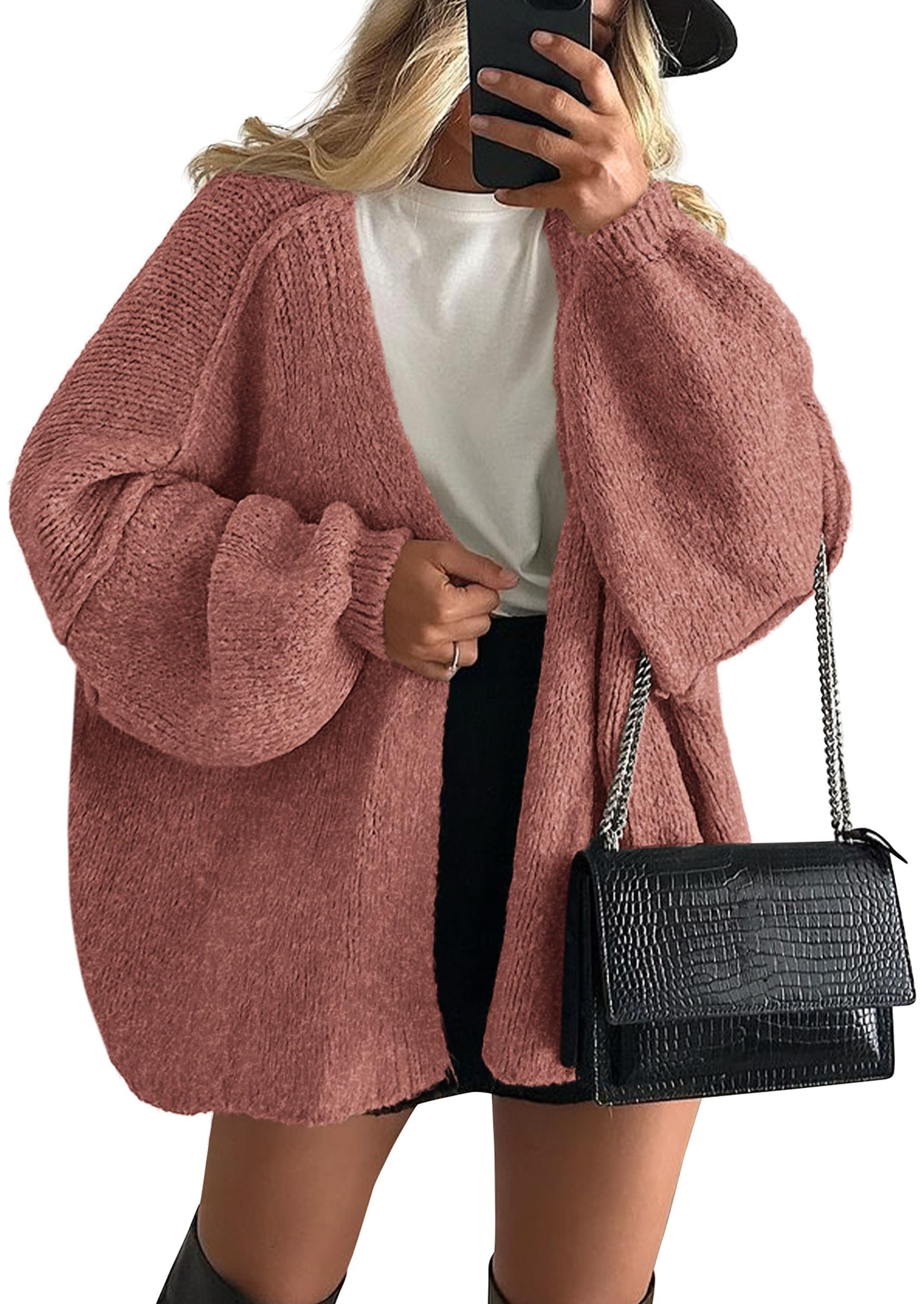 Womens Open Front Oversized Cardigan Sweaters,Grey Pink,XS