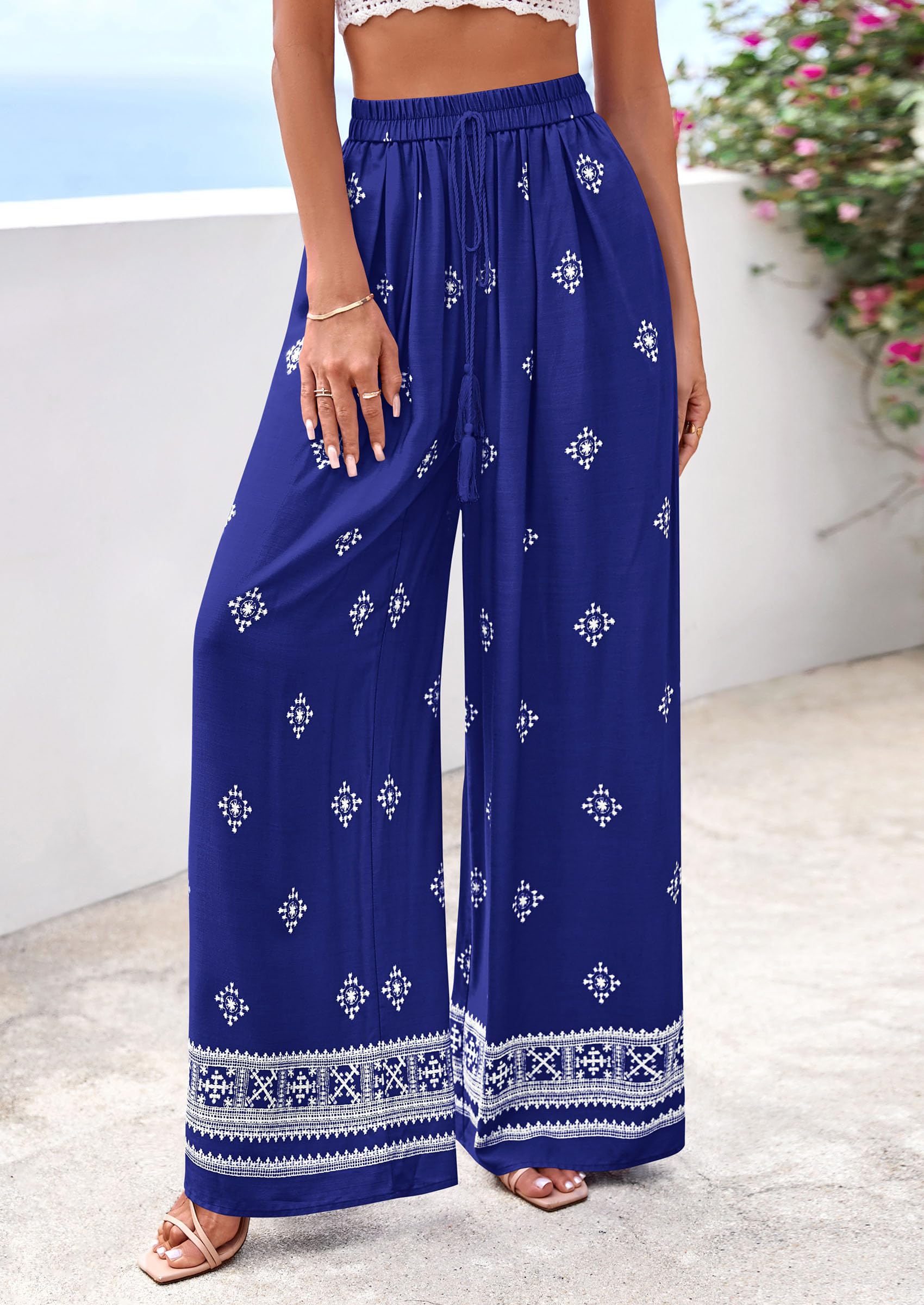 Wide Leg Flowy Boho Pants for Women, Royal Blue,S