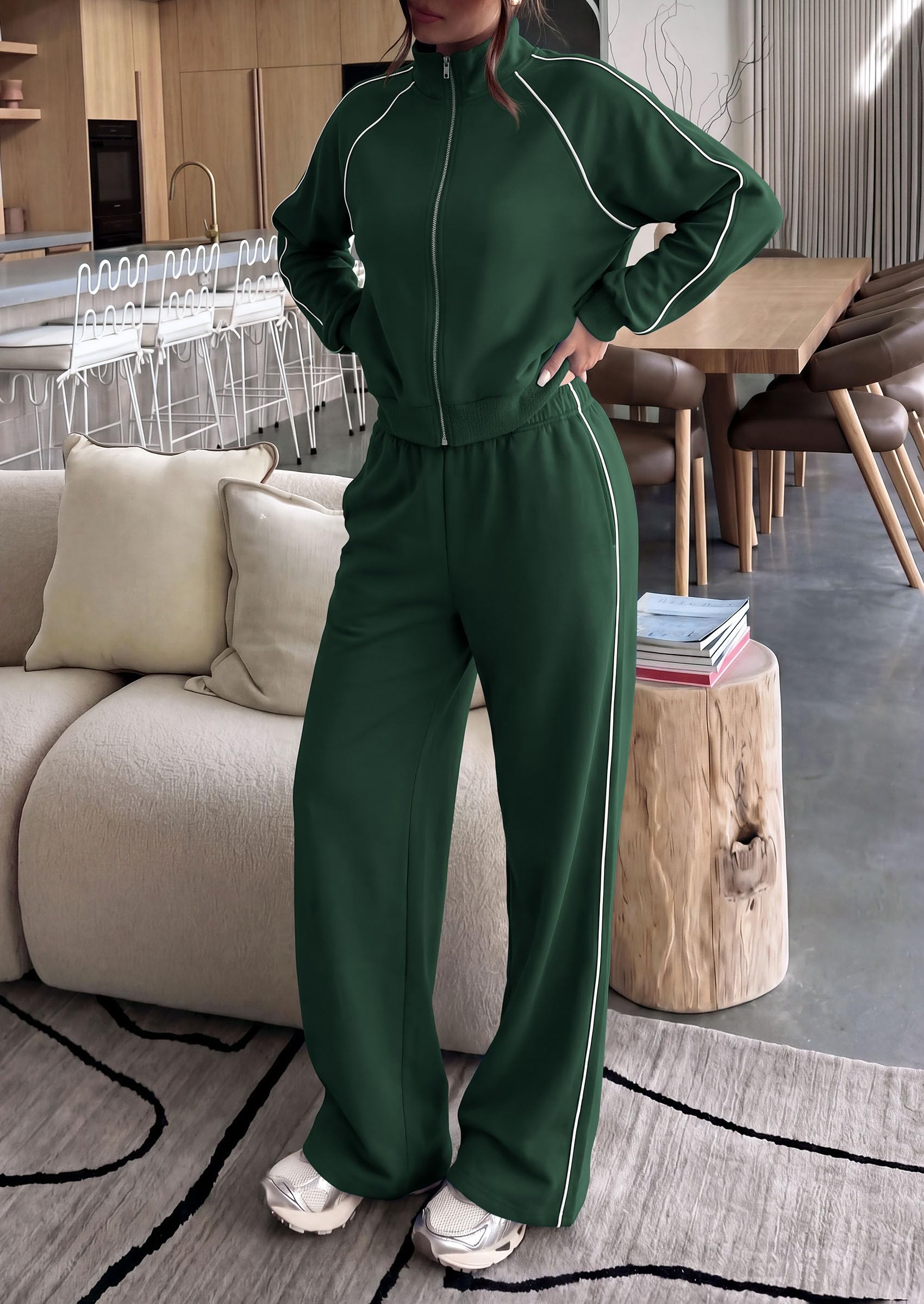 Women's 2 Piece Sweat Set Casual Fall Outfits,Dark Green,S
