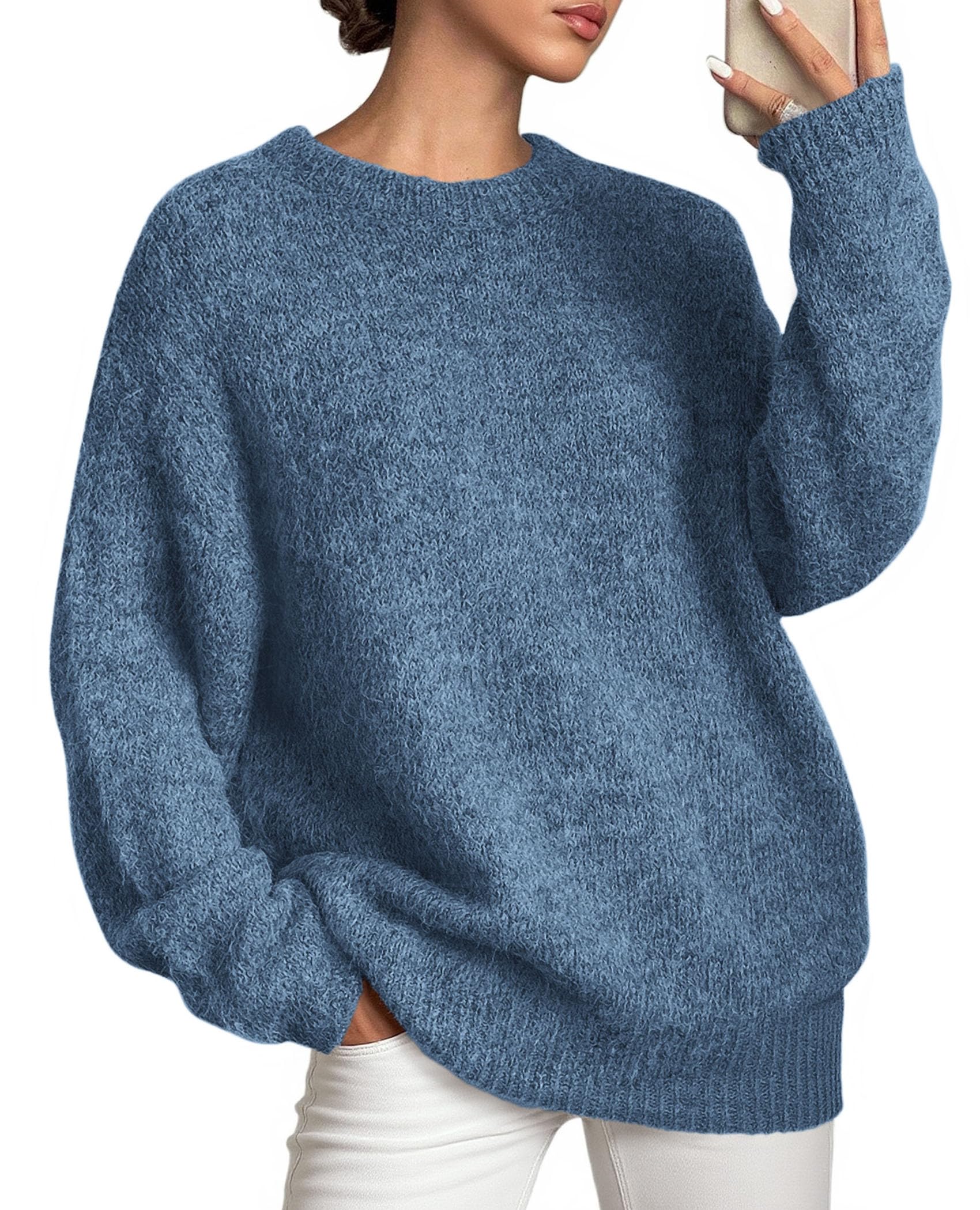 Womens Long Sleeve Oversized Pullover Sweater,Denim Blue,S