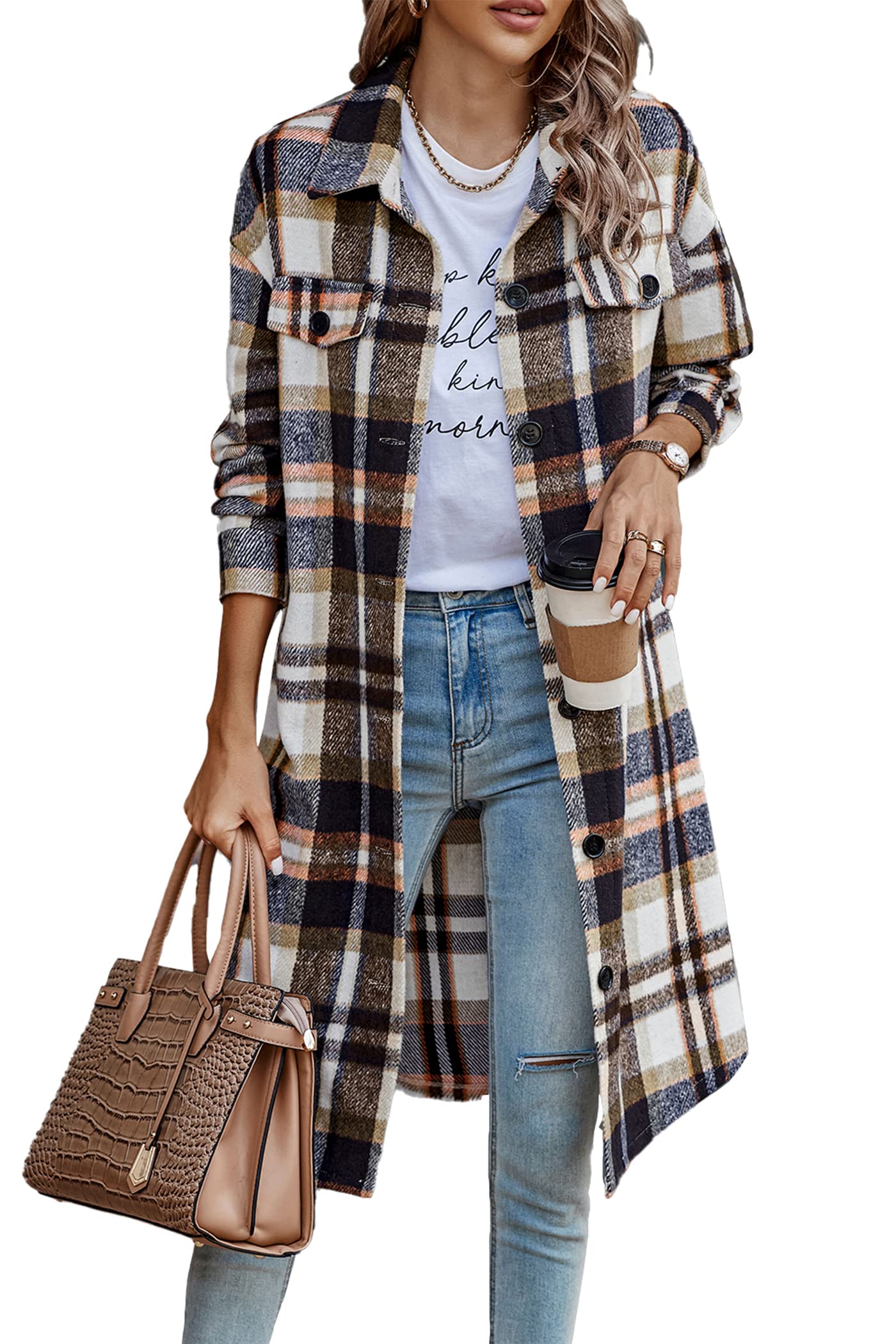 Womens Plaid Shacket Jacket Flannel Shirts,Brown,S