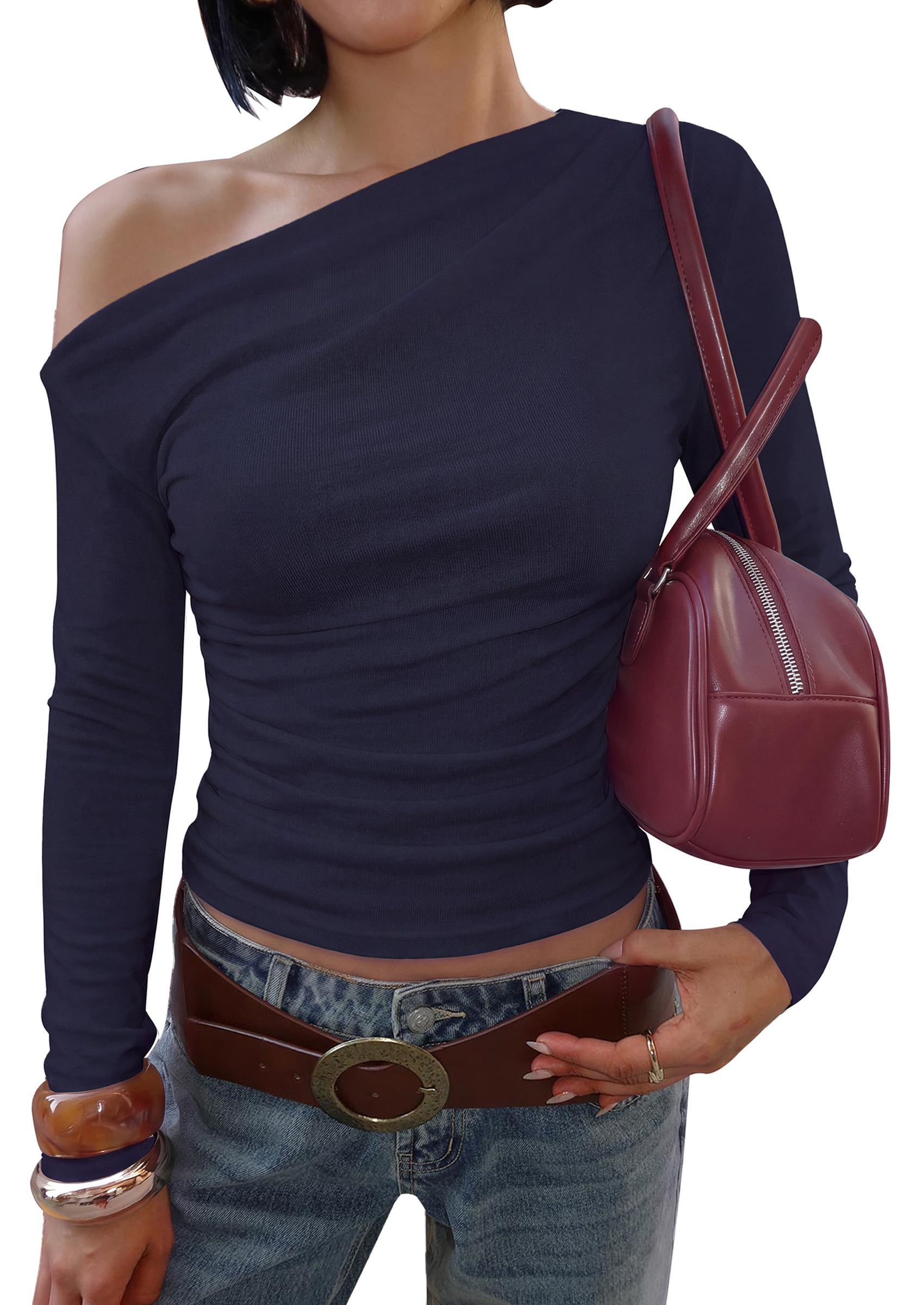 Womens Off The Shoulder Tops Long Sleeve Shirts,Navy,S