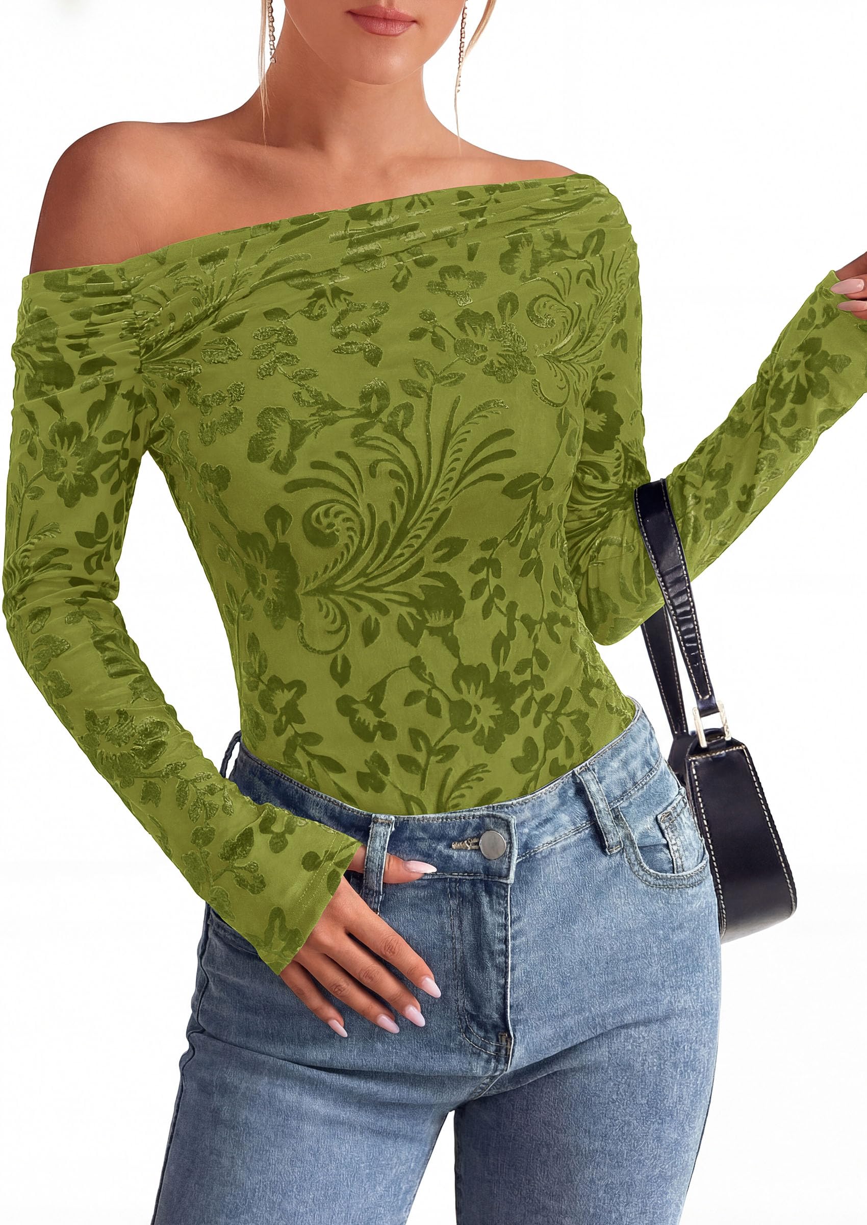 Off the Shoulder Tops for Women Fall Mesh Floral Blouses