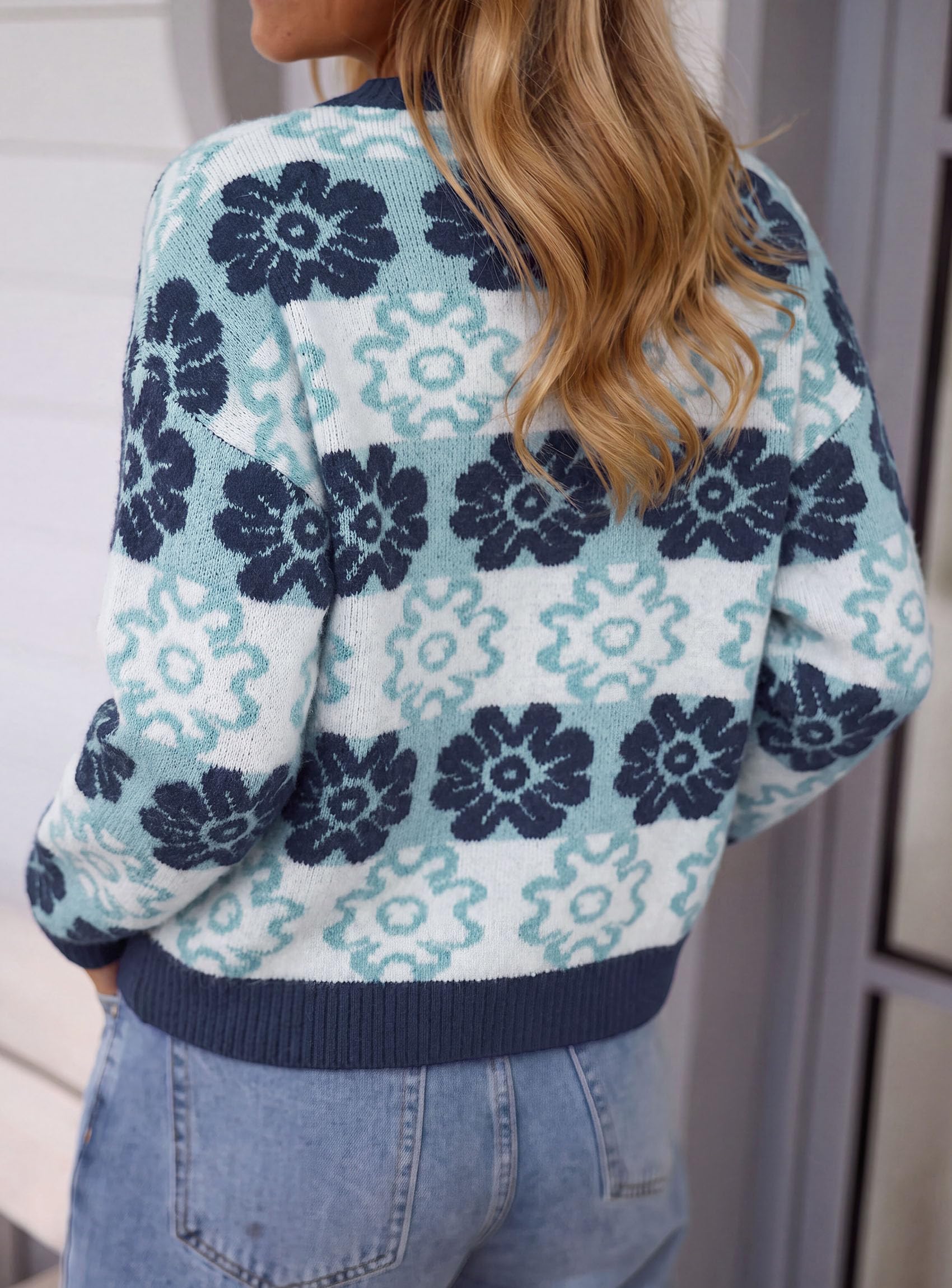 Women's Floral Crewneck Sweater Knit Pullover,Blue,S
